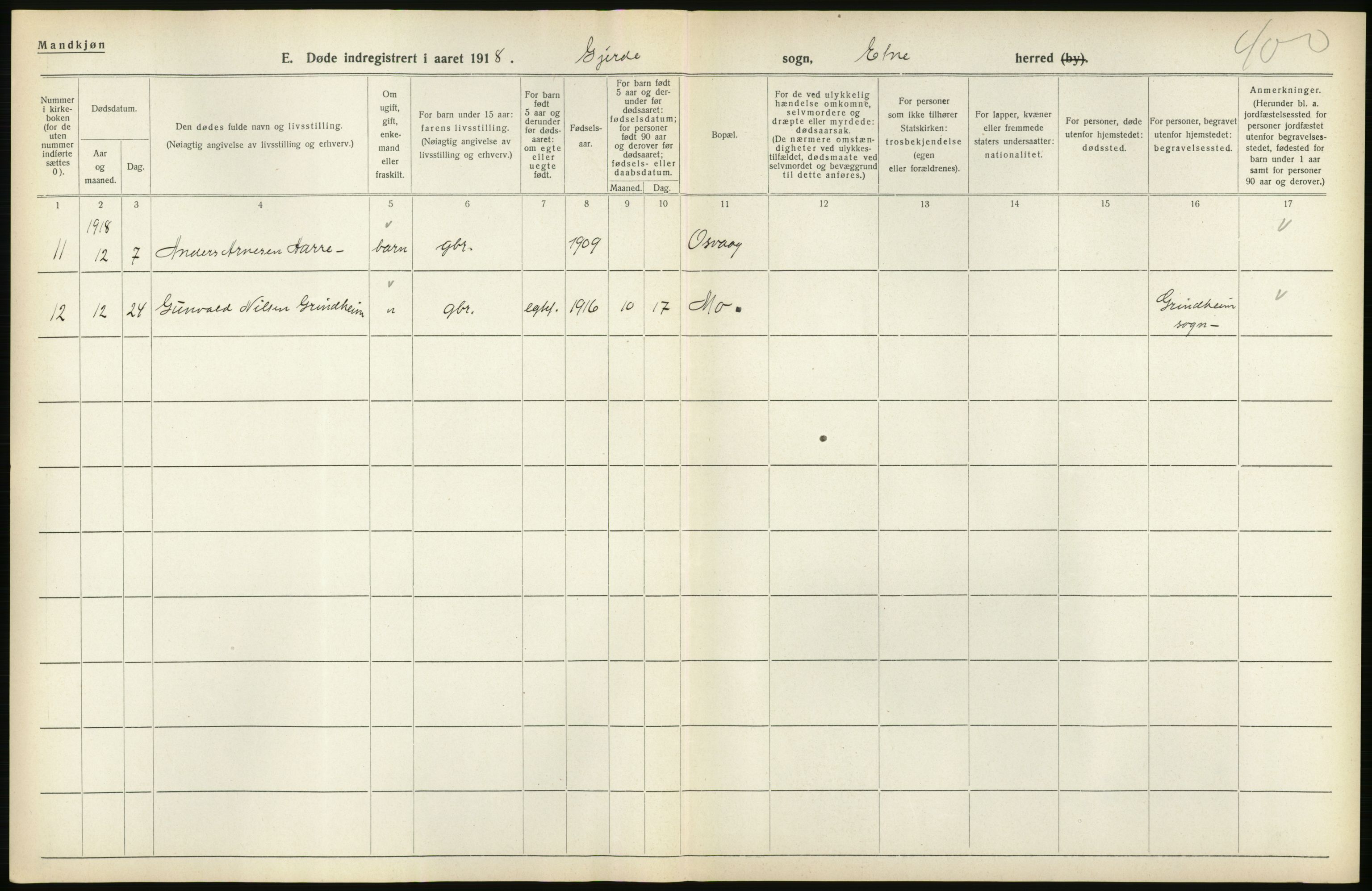 Statistisk sentralbyrå, Sosiodemografiske emner, Befolkning, AV/RA-S-2228/D/Df/Dfb/Dfbh/L0036: Hordaland fylke: Døde., 1918, p. 30