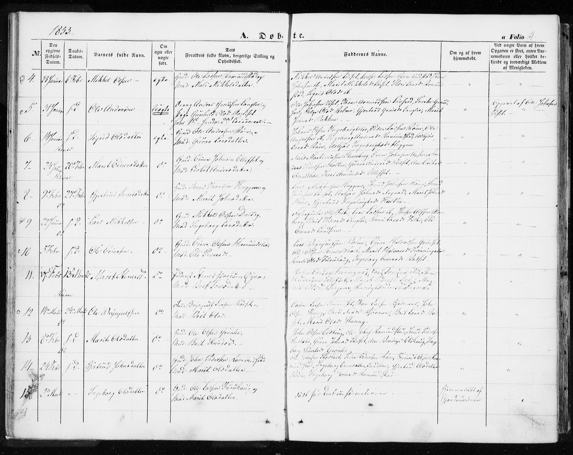 Ministerialprotokoller, klokkerbøker og fødselsregistre - Møre og Romsdal, SAT/A-1454/595/L1044: Parish register (official) no. 595A06, 1852-1863, p. 14