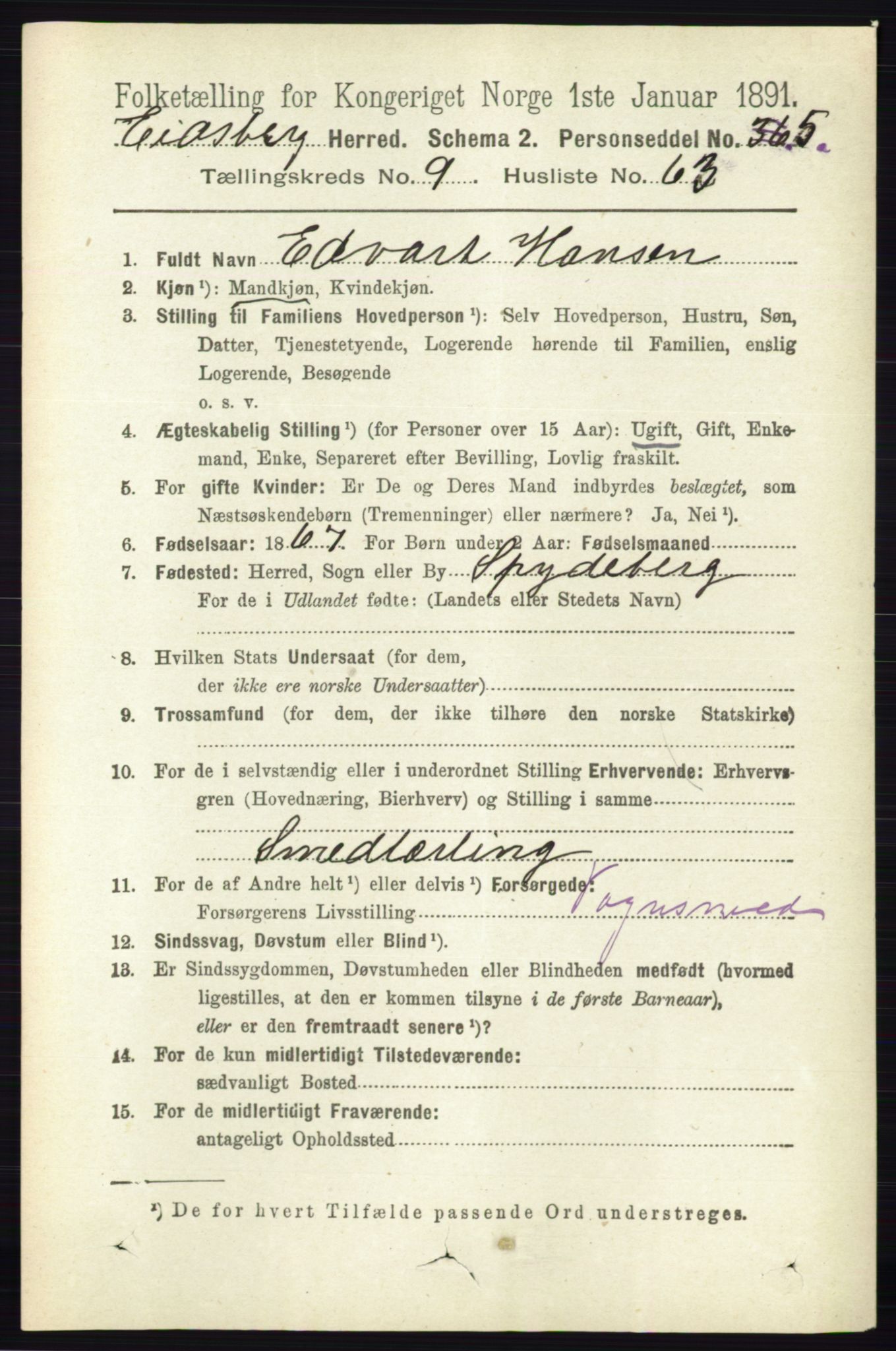 RA, 1891 census for 0125 Eidsberg, 1891, p. 5530