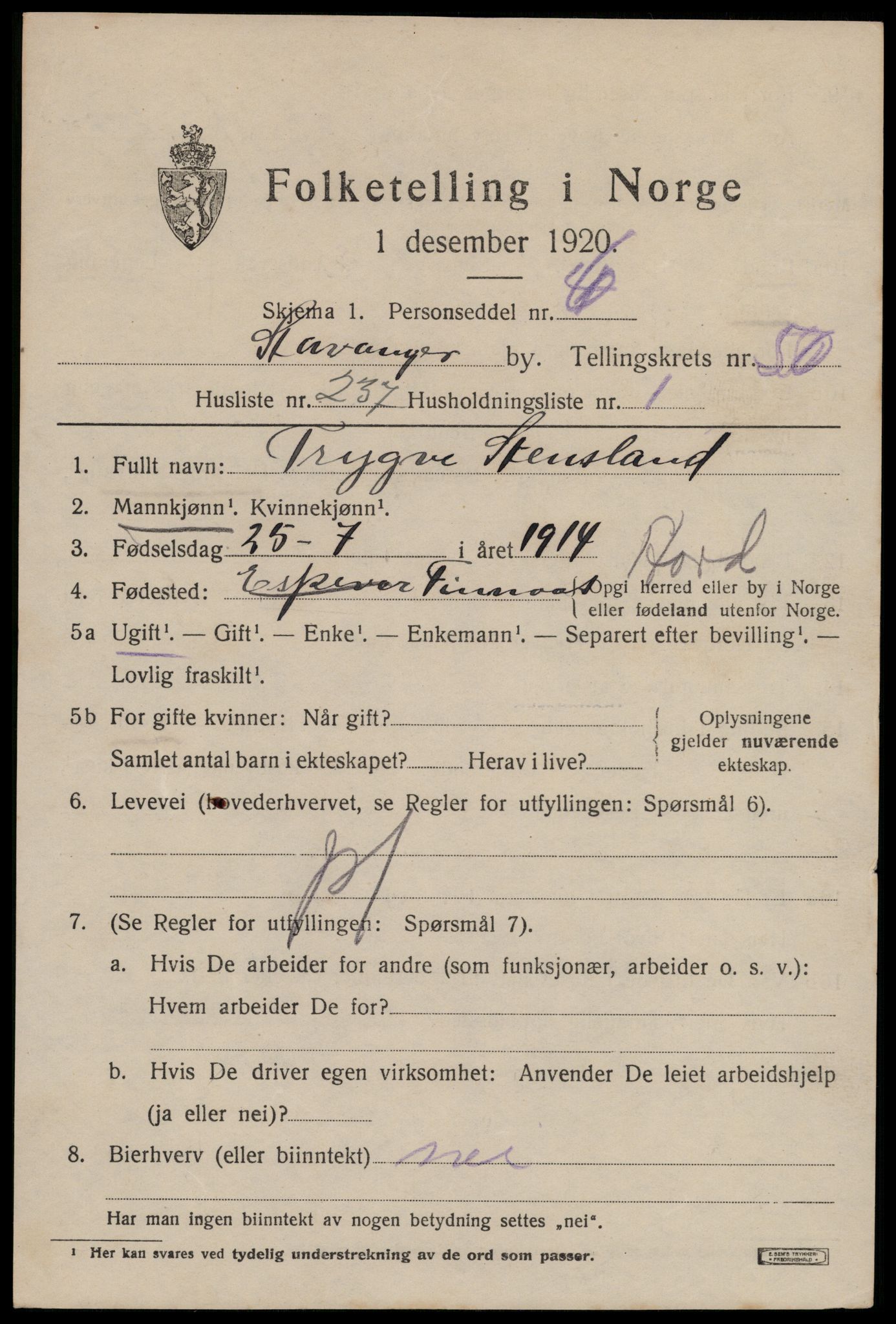 SAST, 1920 census for Stavanger, 1920, p. 122322