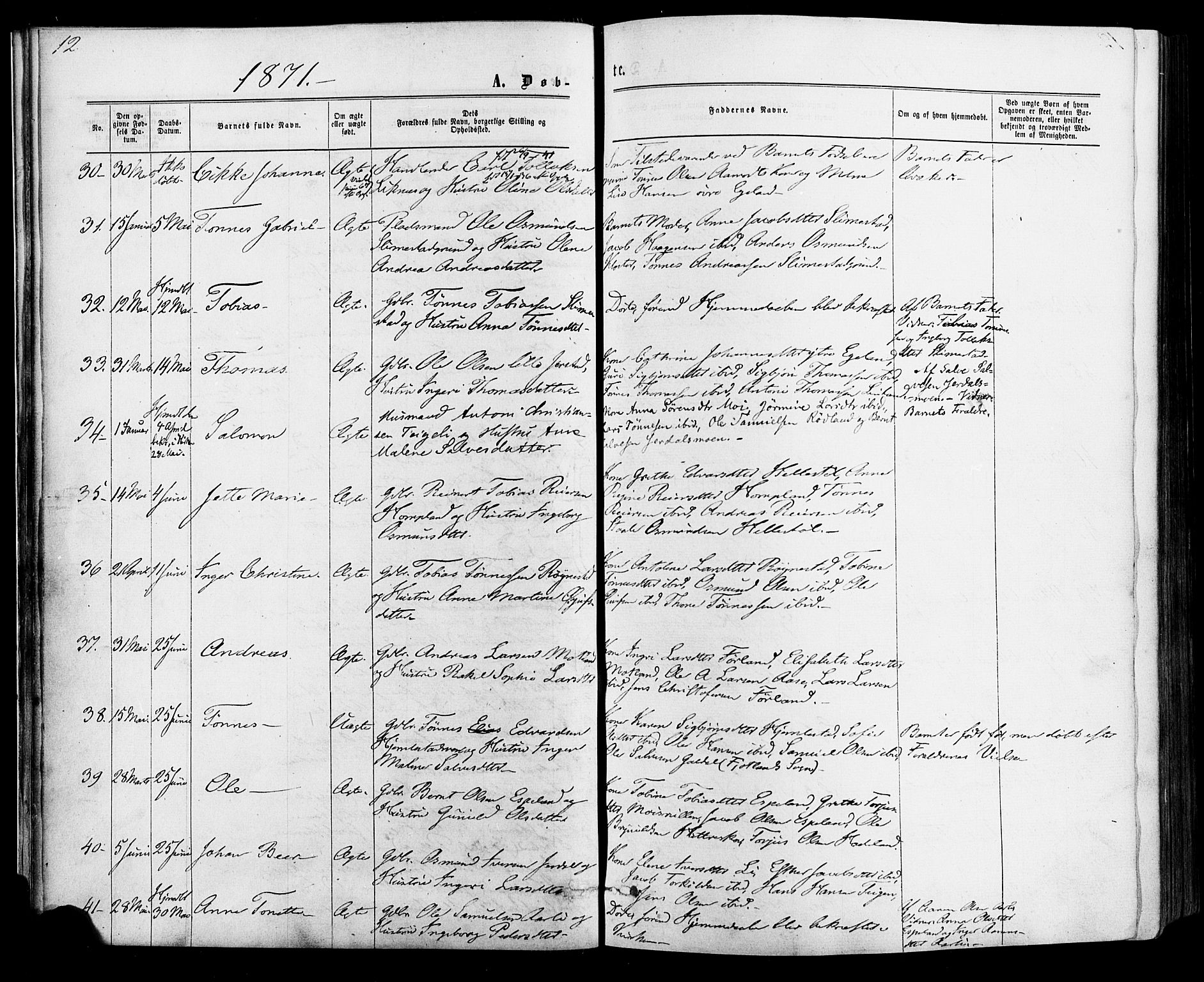 Kvinesdal sokneprestkontor, AV/SAK-1111-0026/F/Fa/Fab/L0007: Parish register (official) no. A 7, 1870-1885, p. 12