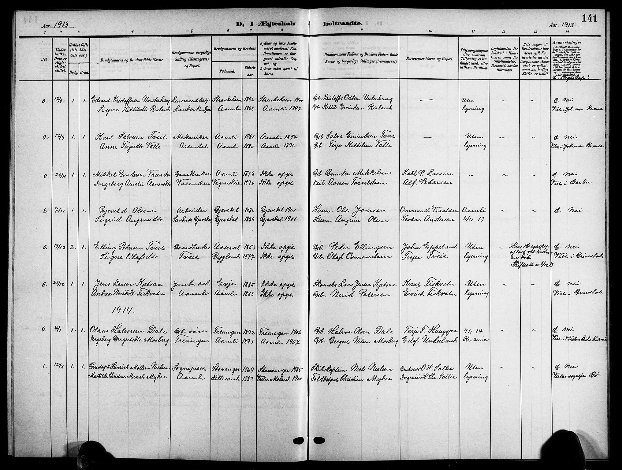 Åmli sokneprestkontor, SAK/1111-0050/F/Fb/Fbc/L0005: Parish register (copy) no. B 5, 1903-1916, p. 141