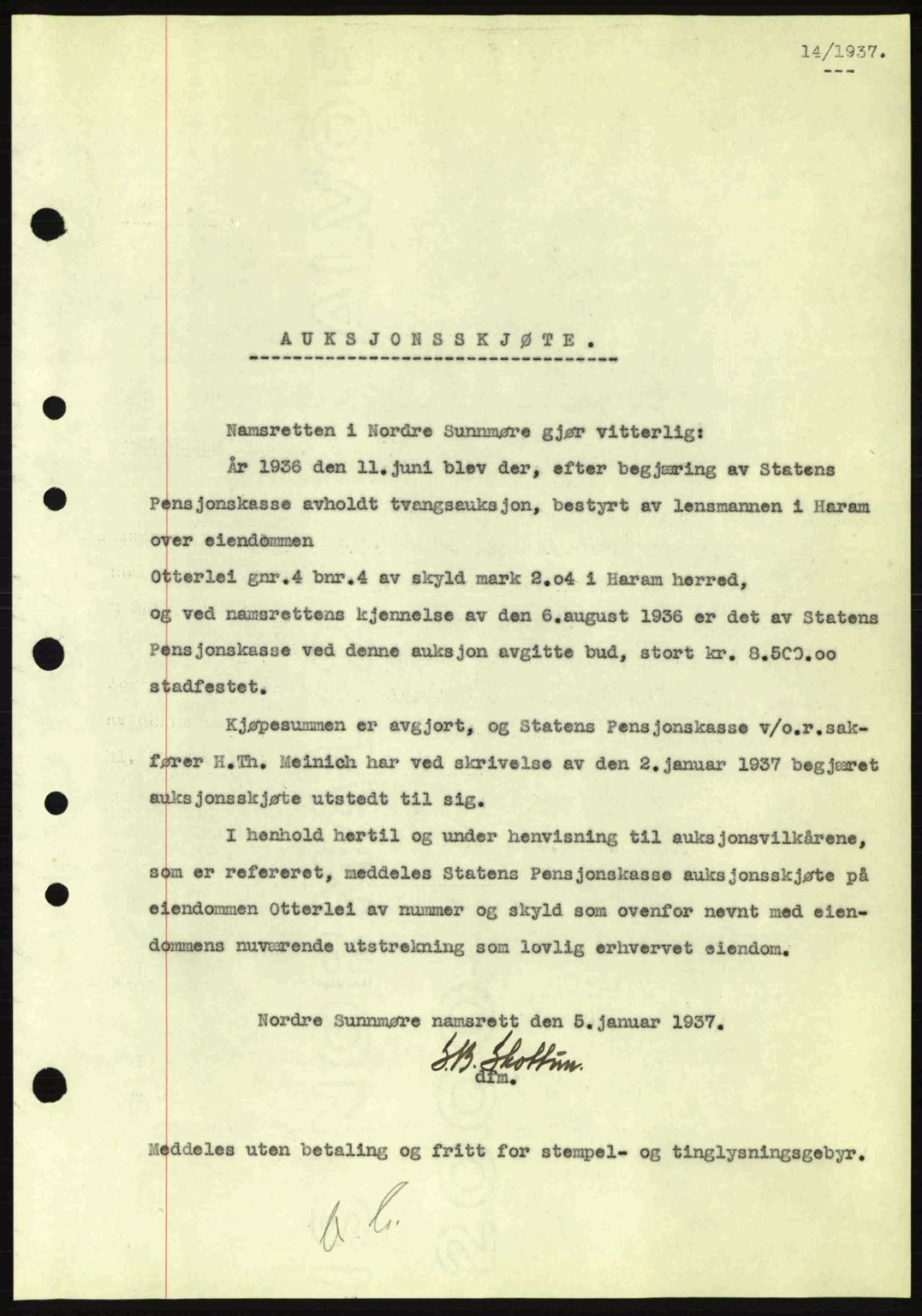 Nordre Sunnmøre sorenskriveri, AV/SAT-A-0006/1/2/2C/2Ca: Mortgage book no. A2, 1936-1937, Diary no: : 14/1937