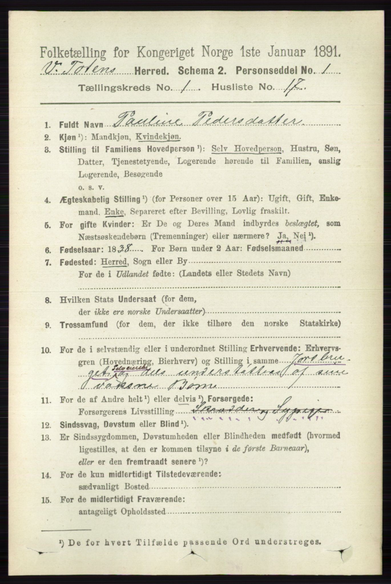 RA, 1891 census for 0529 Vestre Toten, 1891, p. 295