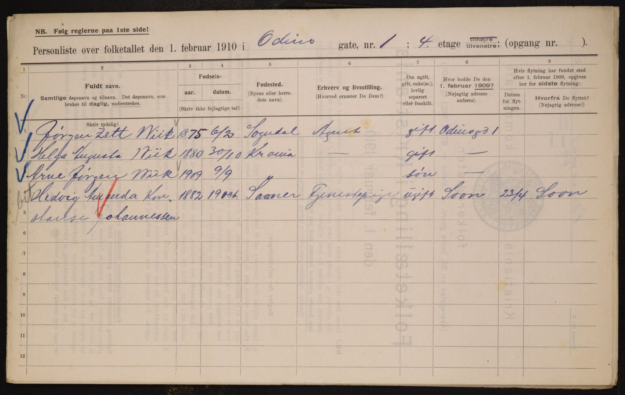 OBA, Municipal Census 1910 for Kristiania, 1910, p. 71873