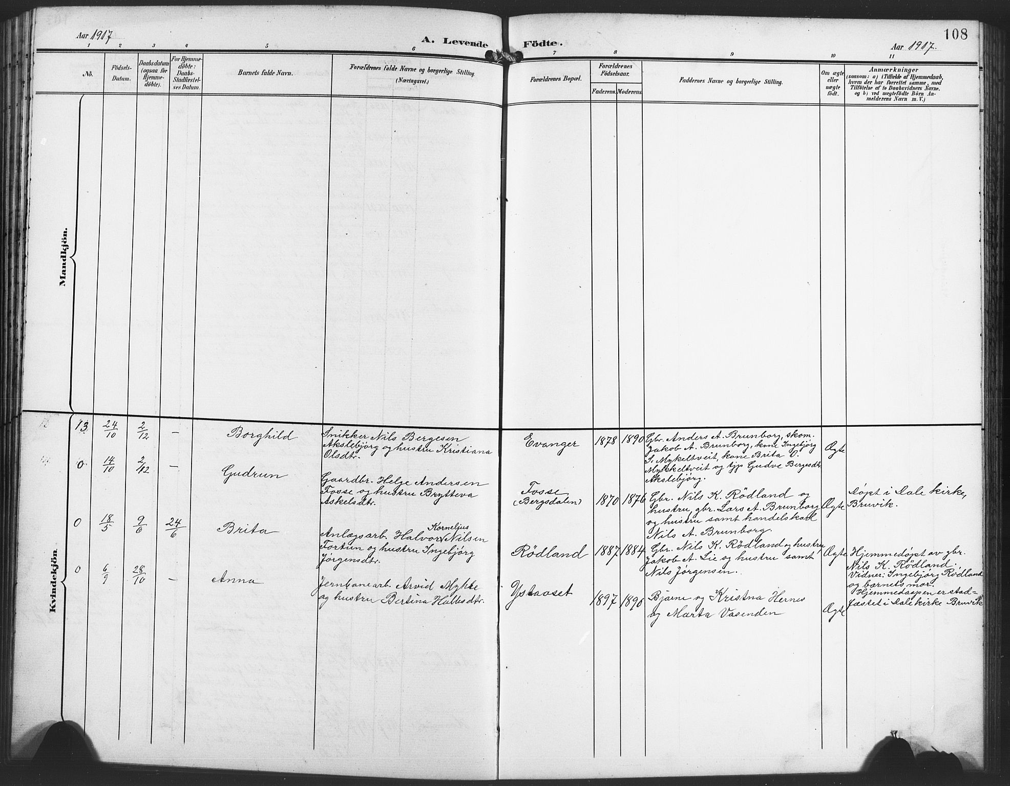 Evanger sokneprestembete, AV/SAB-A-99924: Parish register (copy) no. A 5, 1897-1917, p. 108