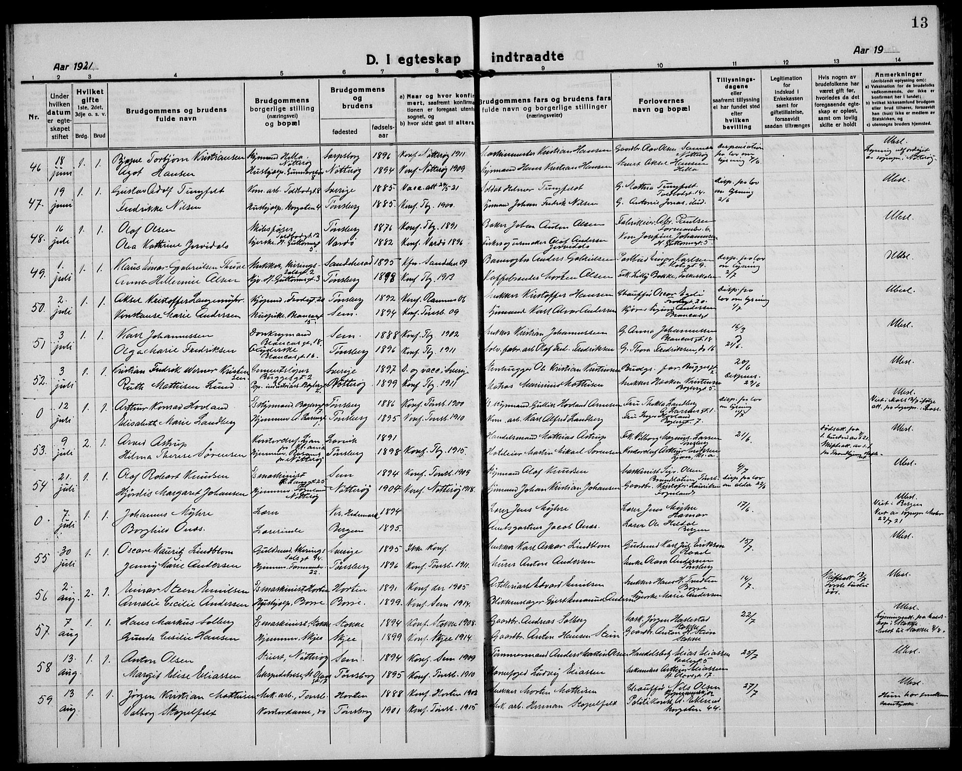 Tønsberg kirkebøker, AV/SAKO-A-330/G/Ga/L0016: Parish register (copy) no. 16, 1920-1933, p. 13