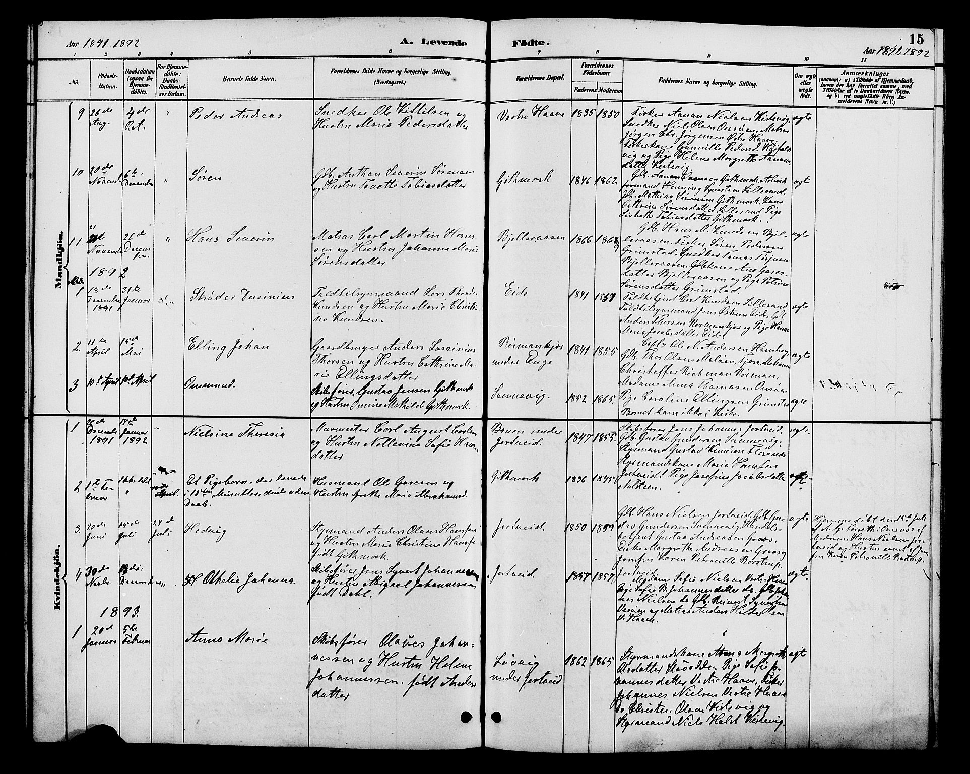 Hommedal sokneprestkontor, AV/SAK-1111-0023/F/Fb/Fba/L0004: Parish register (copy) no. B 4, 1885-1908, p. 15