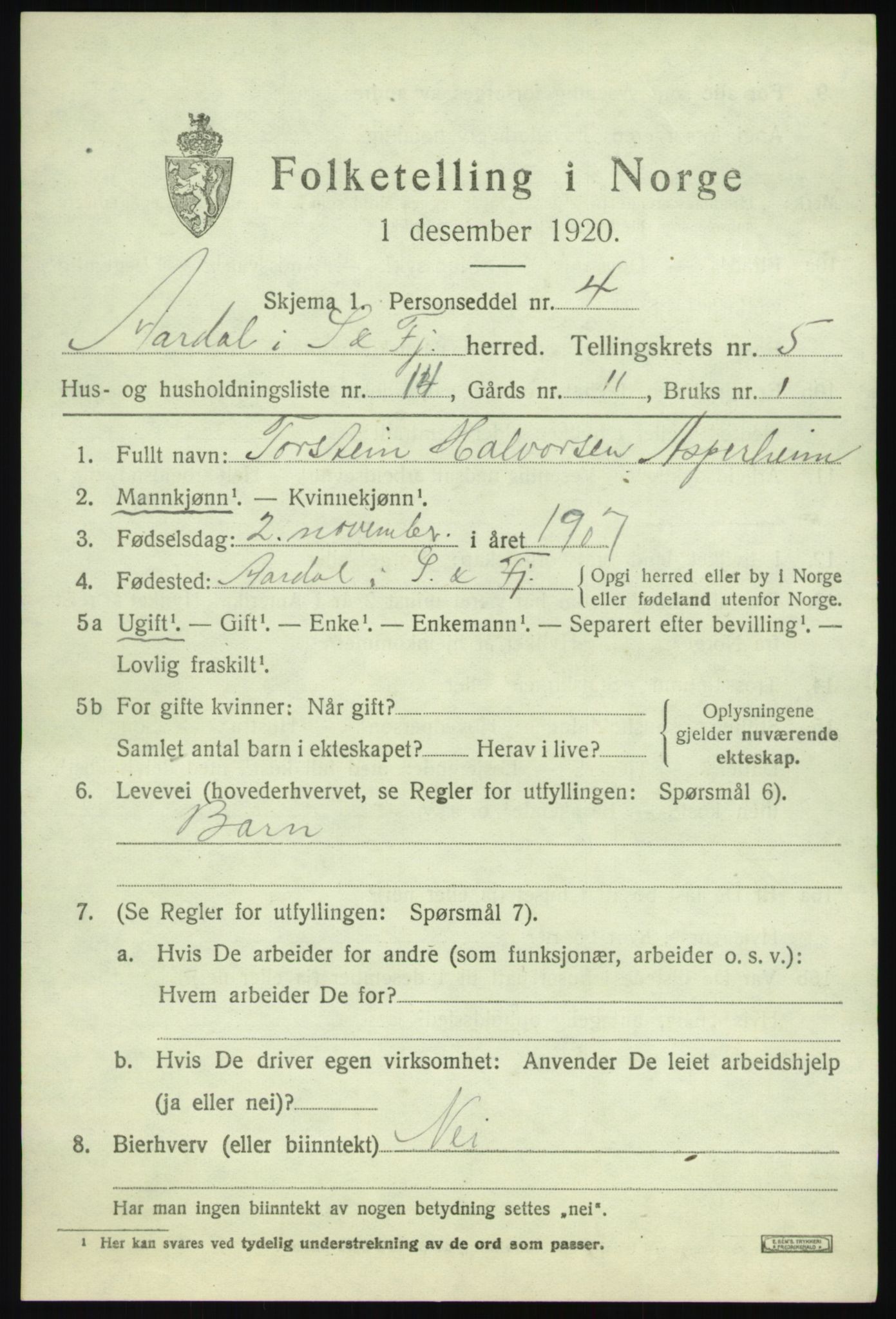 SAB, 1920 census for Årdal, 1920, p. 2967