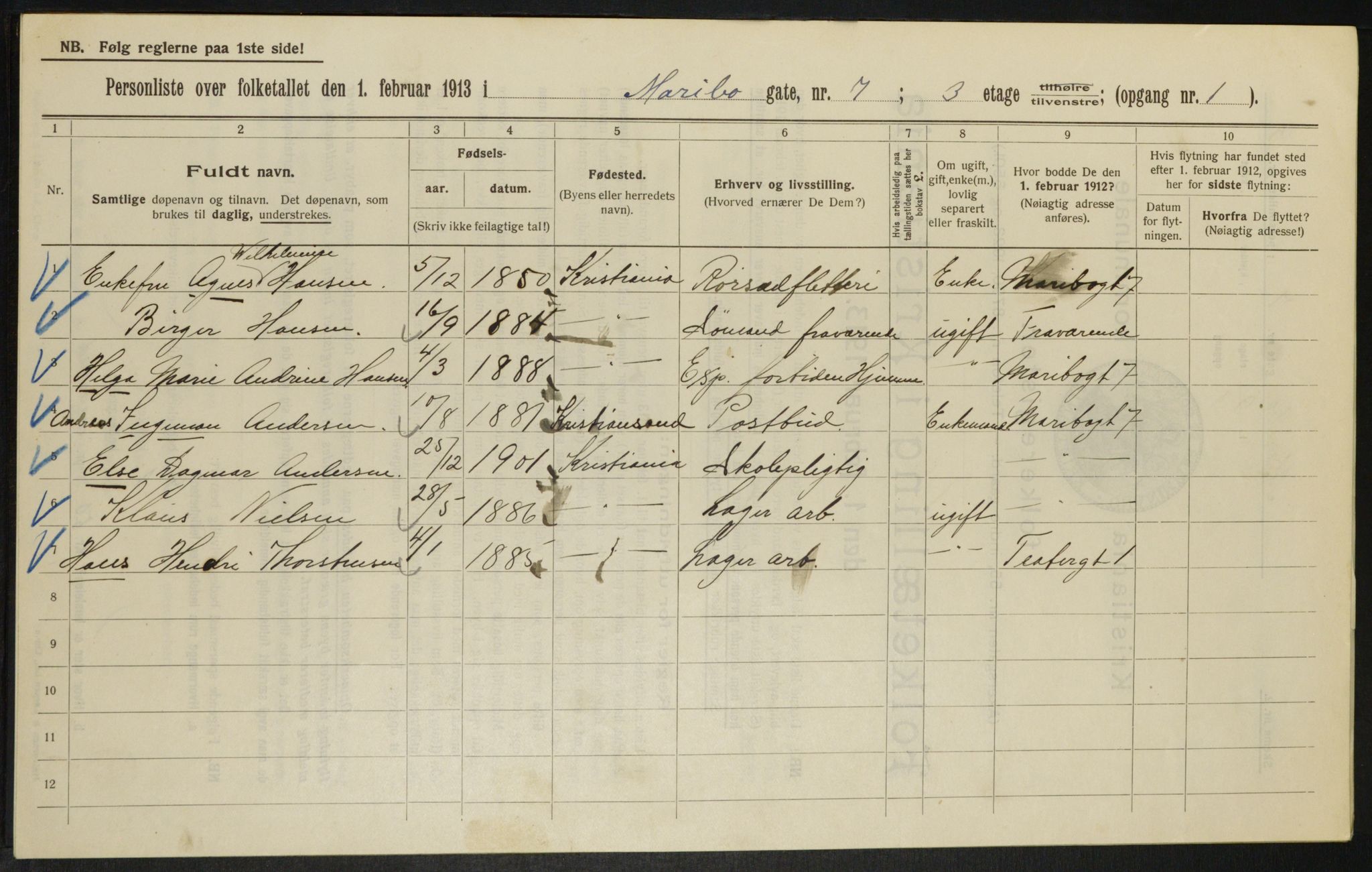 OBA, Municipal Census 1913 for Kristiania, 1913, p. 60218