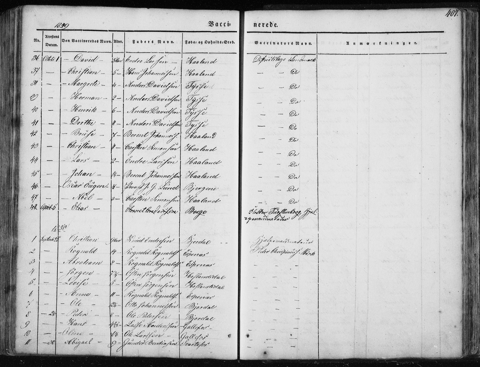 Fjaler sokneprestembete, SAB/A-79801/H/Haa/Haaa/L0006: Parish register (official) no. A 6, 1835-1884, p. 407
