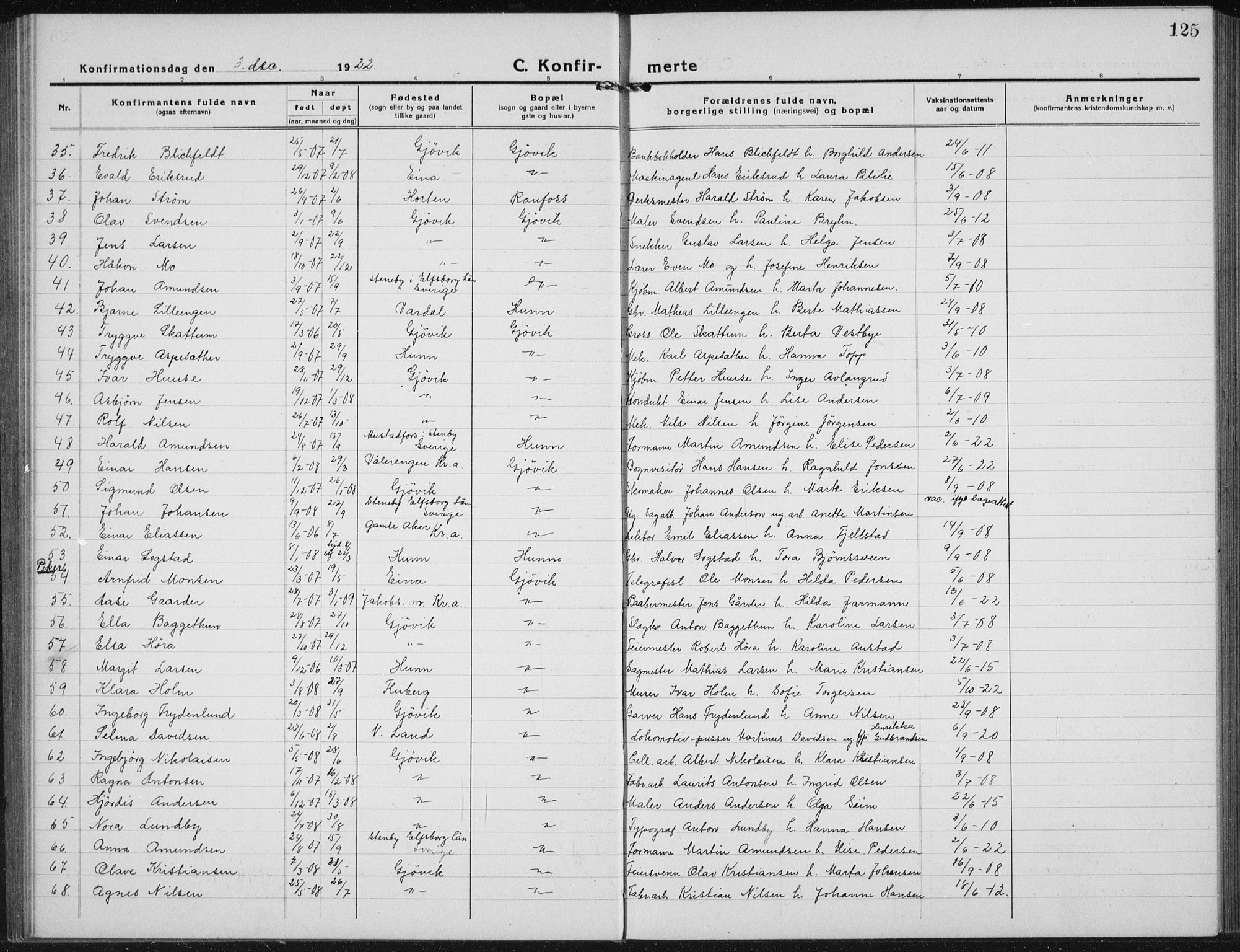 Vardal prestekontor, AV/SAH-PREST-100/H/Ha/Hab/L0017: Parish register (copy) no. 17, 1922-1941, p. 125