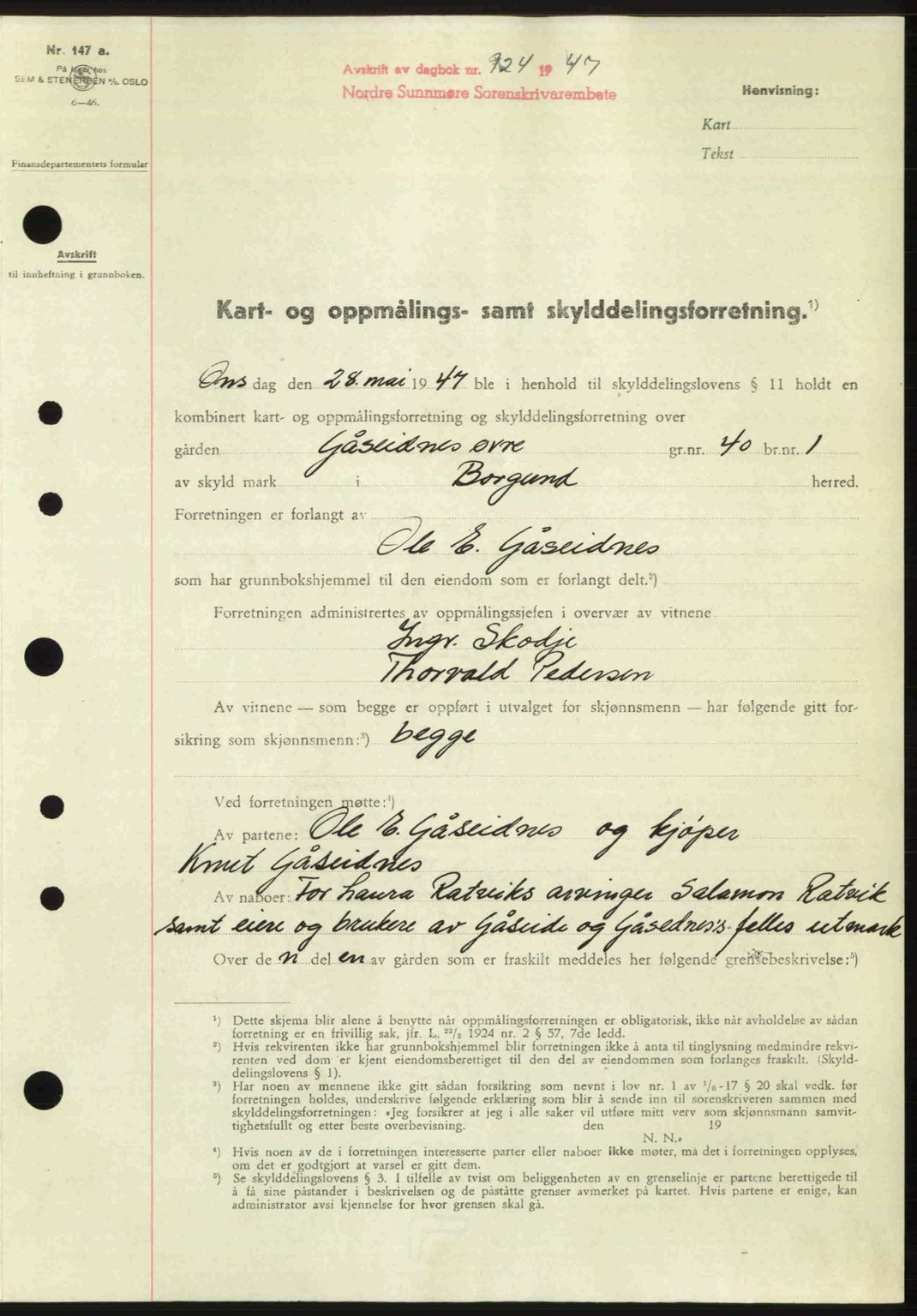 Nordre Sunnmøre sorenskriveri, AV/SAT-A-0006/1/2/2C/2Ca: Mortgage book no. A24, 1947-1947, Diary no: : 924/1947