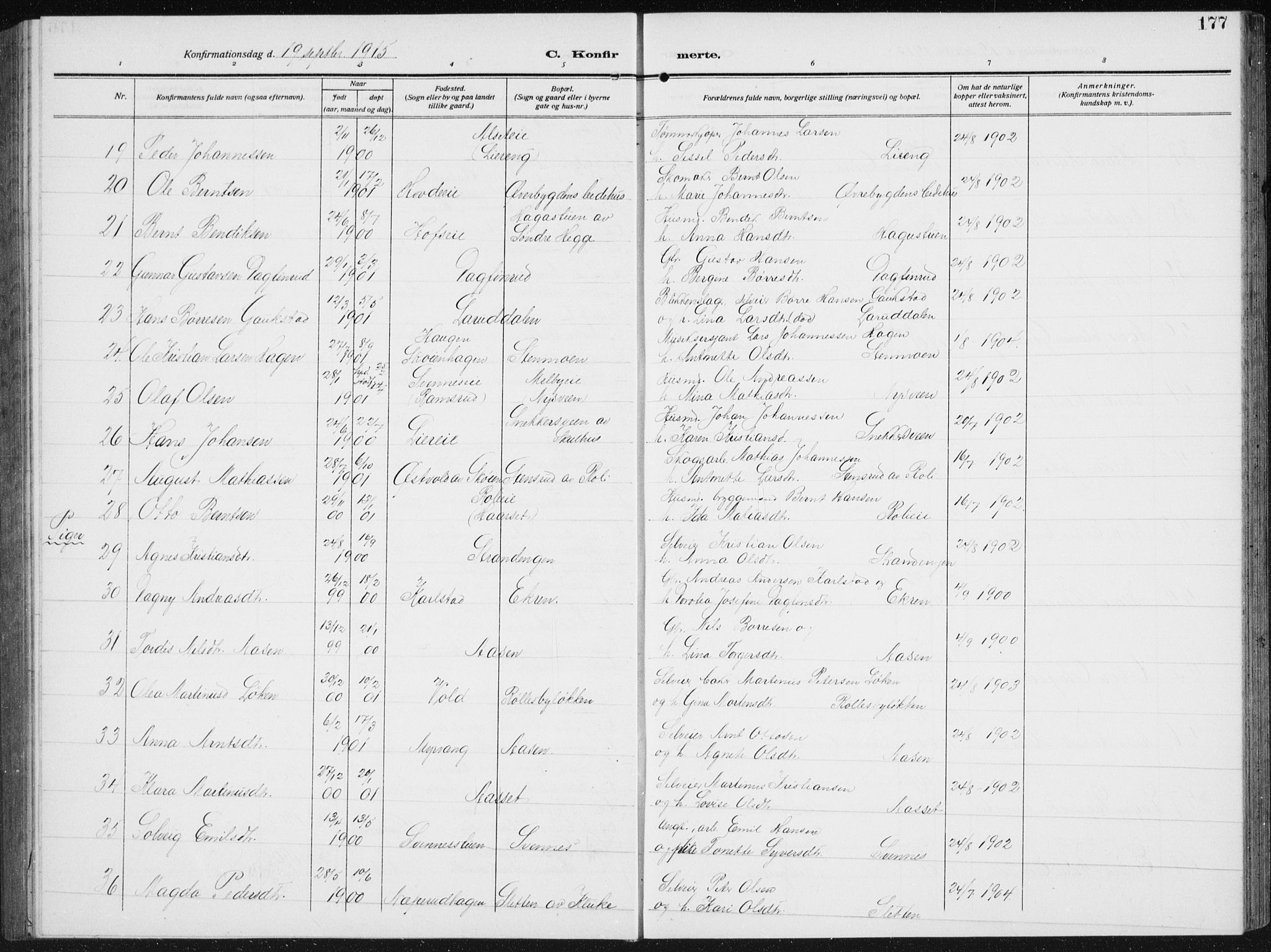 Biri prestekontor, AV/SAH-PREST-096/H/Ha/Hab/L0006: Parish register (copy) no. 6, 1909-1938, p. 177