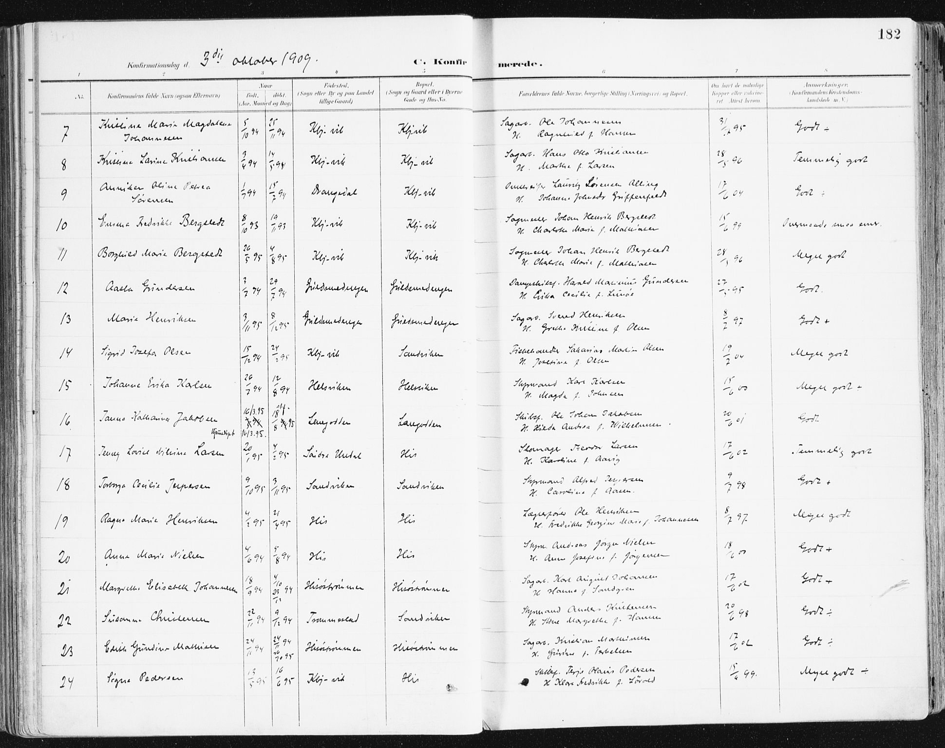 Hisøy sokneprestkontor, AV/SAK-1111-0020/F/Fa/L0004: Parish register (official) no. A 4, 1895-1917, p. 182