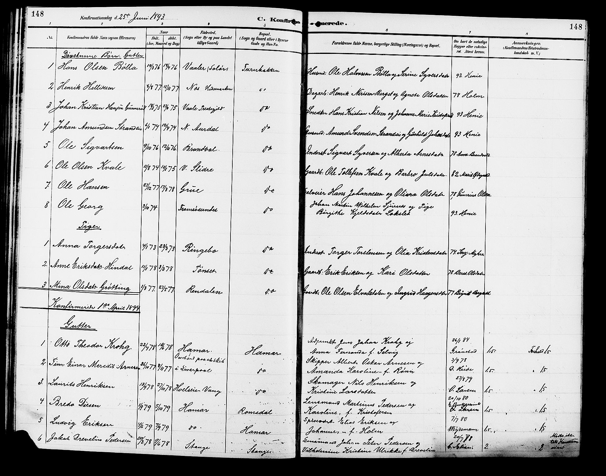 Vang prestekontor, Hedmark, SAH/PREST-008/H/Ha/Hab/L0013: Parish register (copy) no. 13, 1890-1899, p. 148