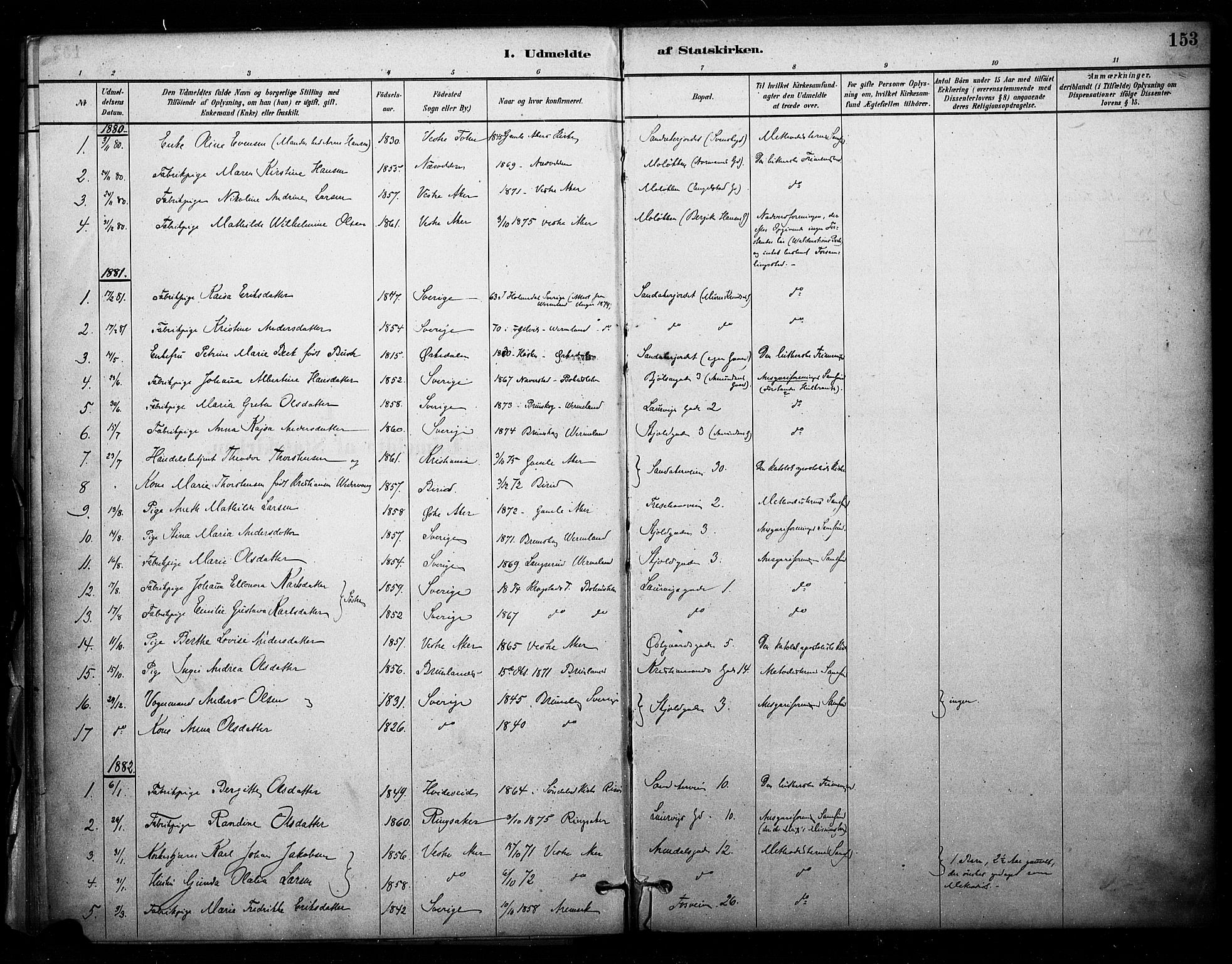 Sagene prestekontor Kirkebøker, SAO/A-10796/F/L0003: Parish register (official) no. 3, 1880-1922, p. 153