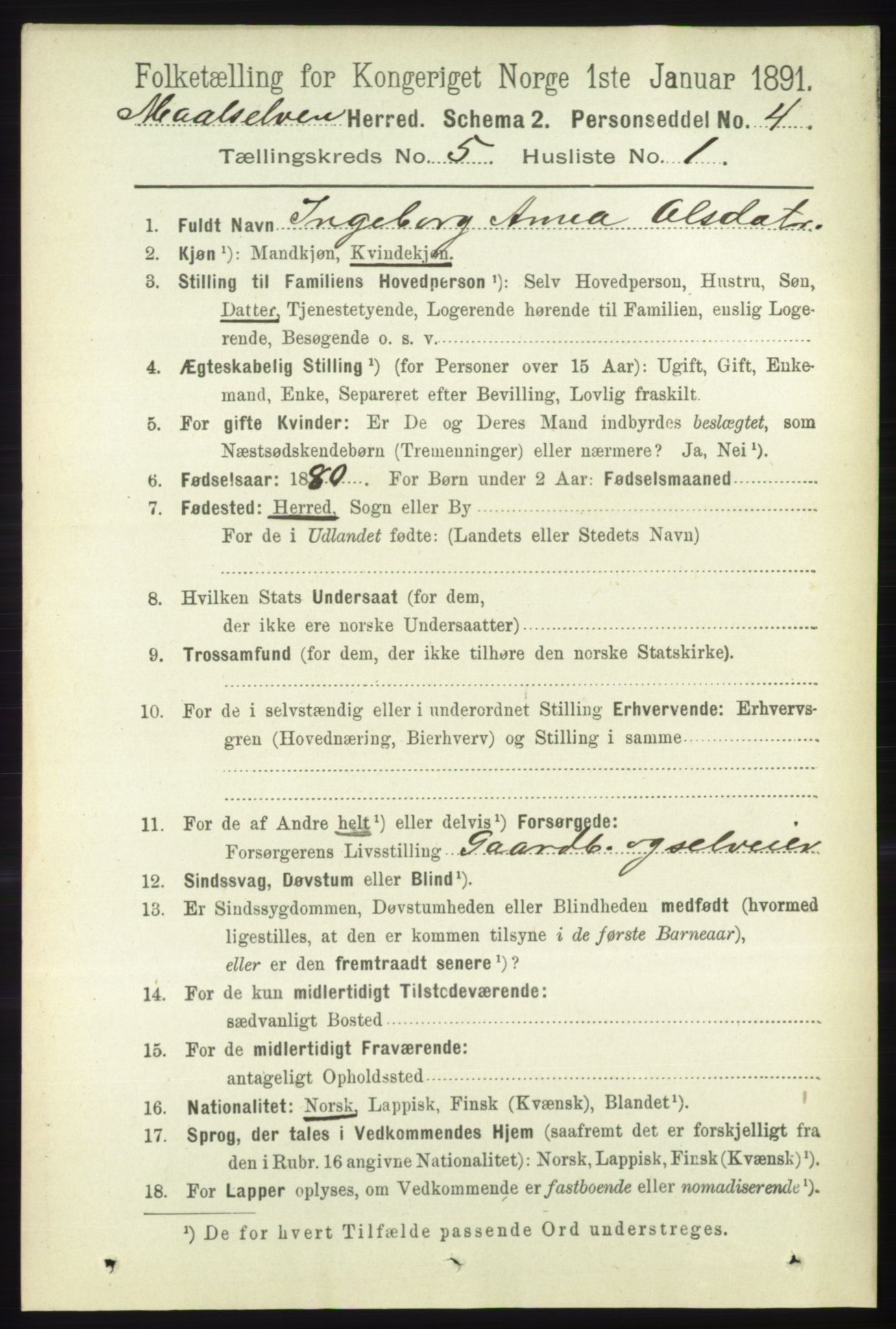 RA, 1891 census for 1924 Målselv, 1891, p. 1616