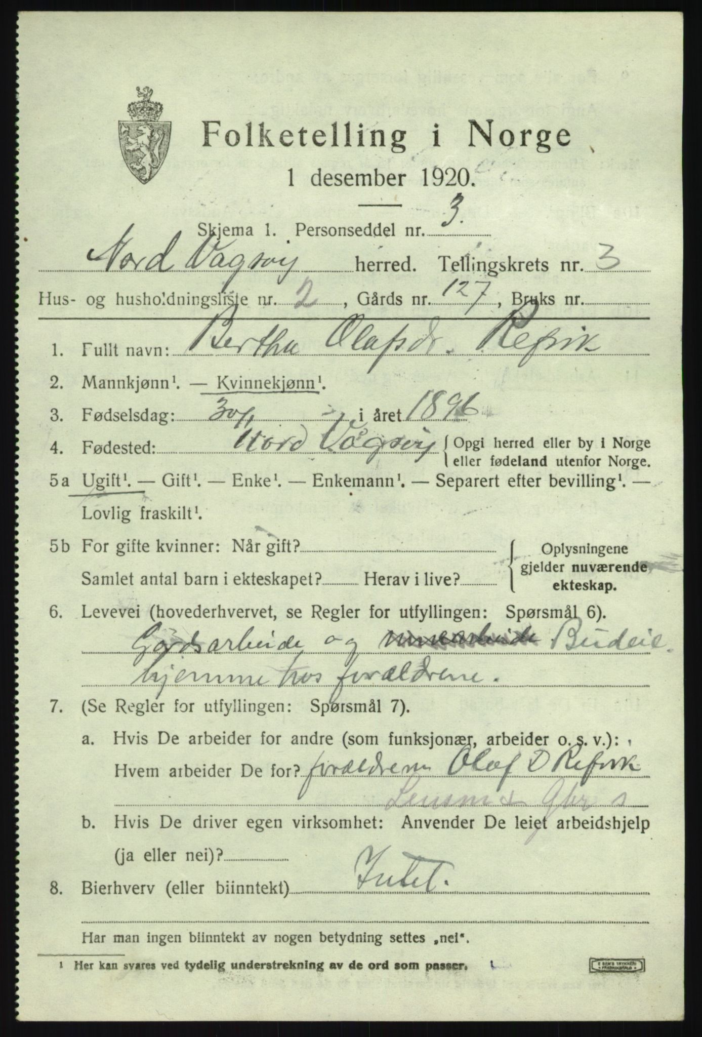 SAB, 1920 census for Nord-Vågsøy, 1920, p. 1040