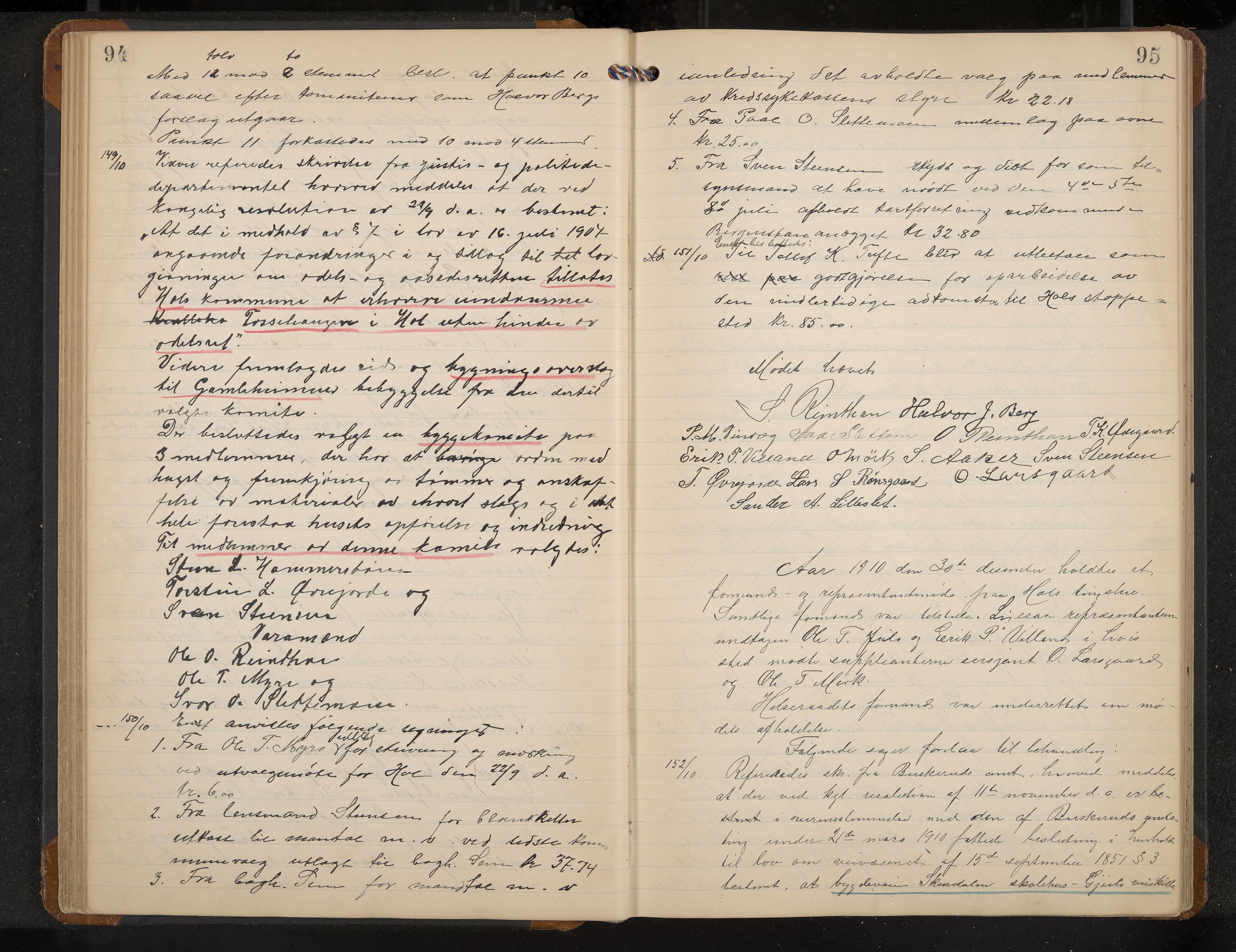 Hol formannskap og sentraladministrasjon, IKAK/0620021-1/A/L0005: Møtebok, 1909-1915, p. 94-95