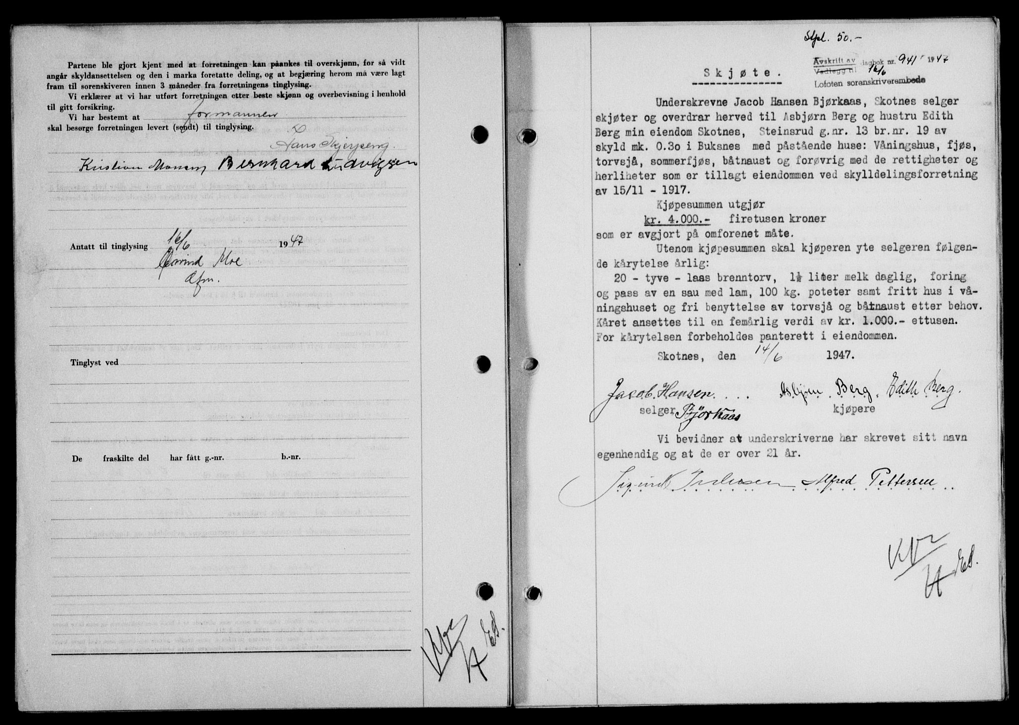 Lofoten sorenskriveri, SAT/A-0017/1/2/2C/L0016a: Mortgage book no. 16a, 1947-1947, Diary no: : 941/1947