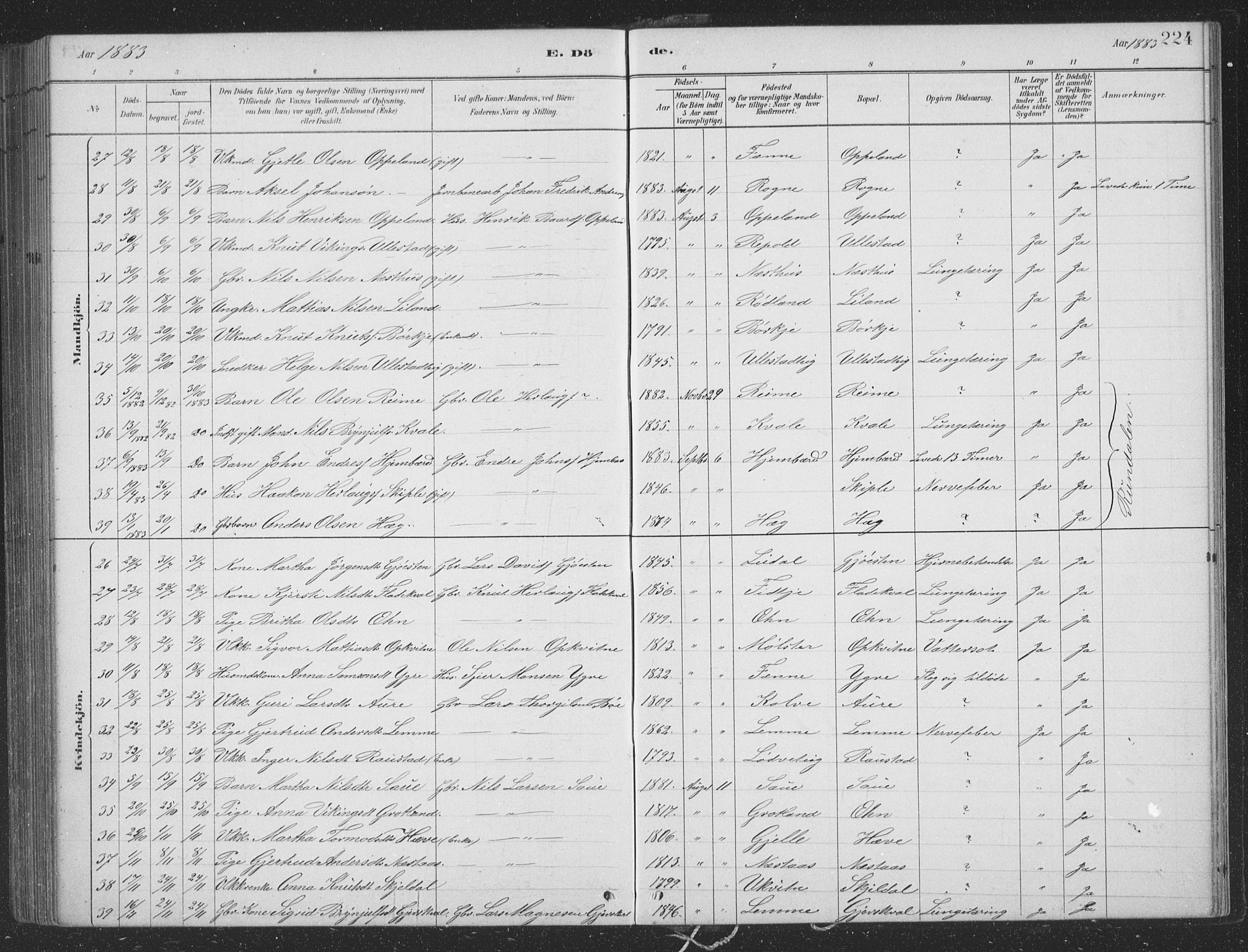 Voss sokneprestembete, SAB/A-79001/H/Hab: Parish register (copy) no. B 3, 1879-1894, p. 224