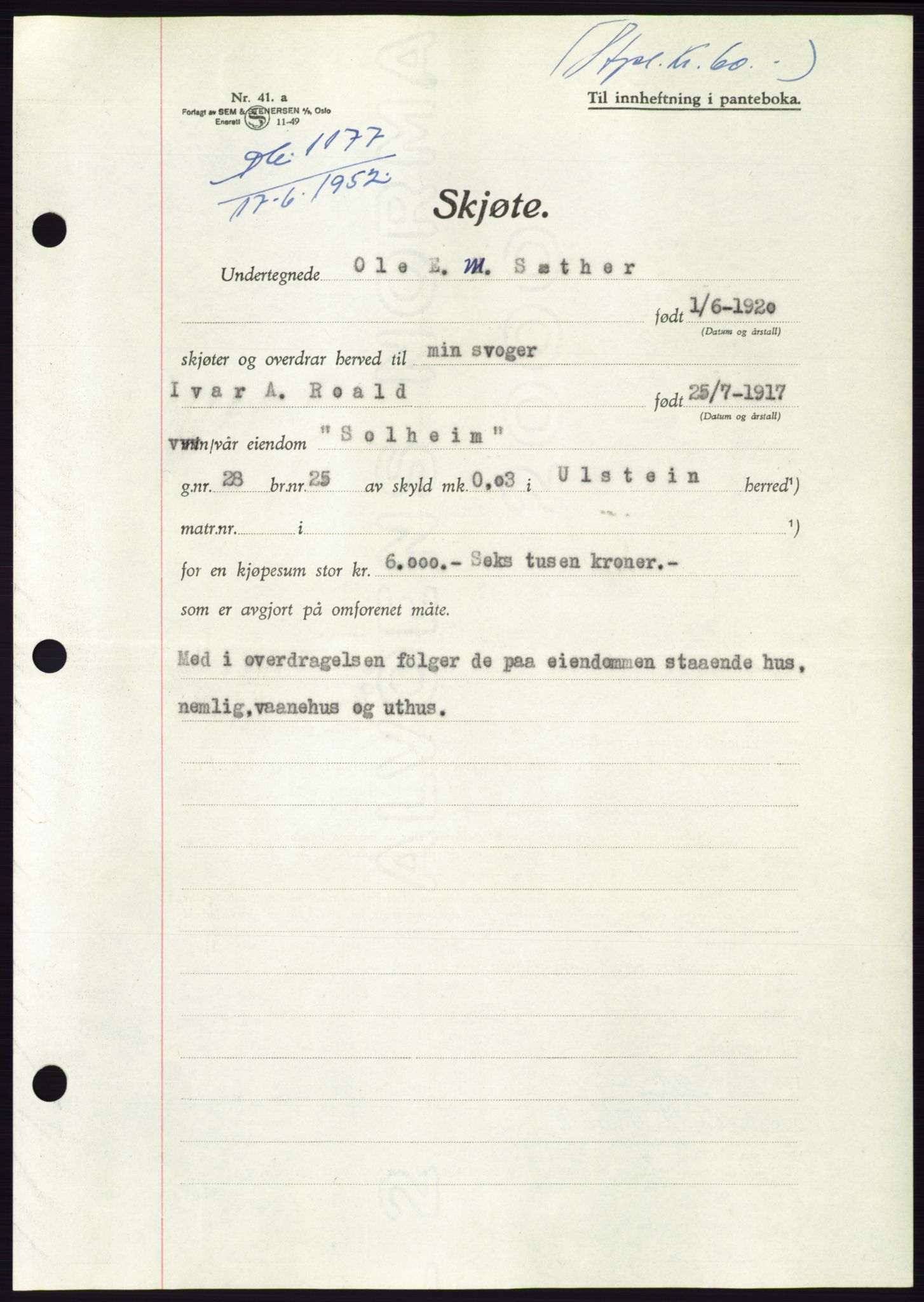 Søre Sunnmøre sorenskriveri, AV/SAT-A-4122/1/2/2C/L0092: Mortgage book no. 18A, 1952-1952, Diary no: : 1177/1952