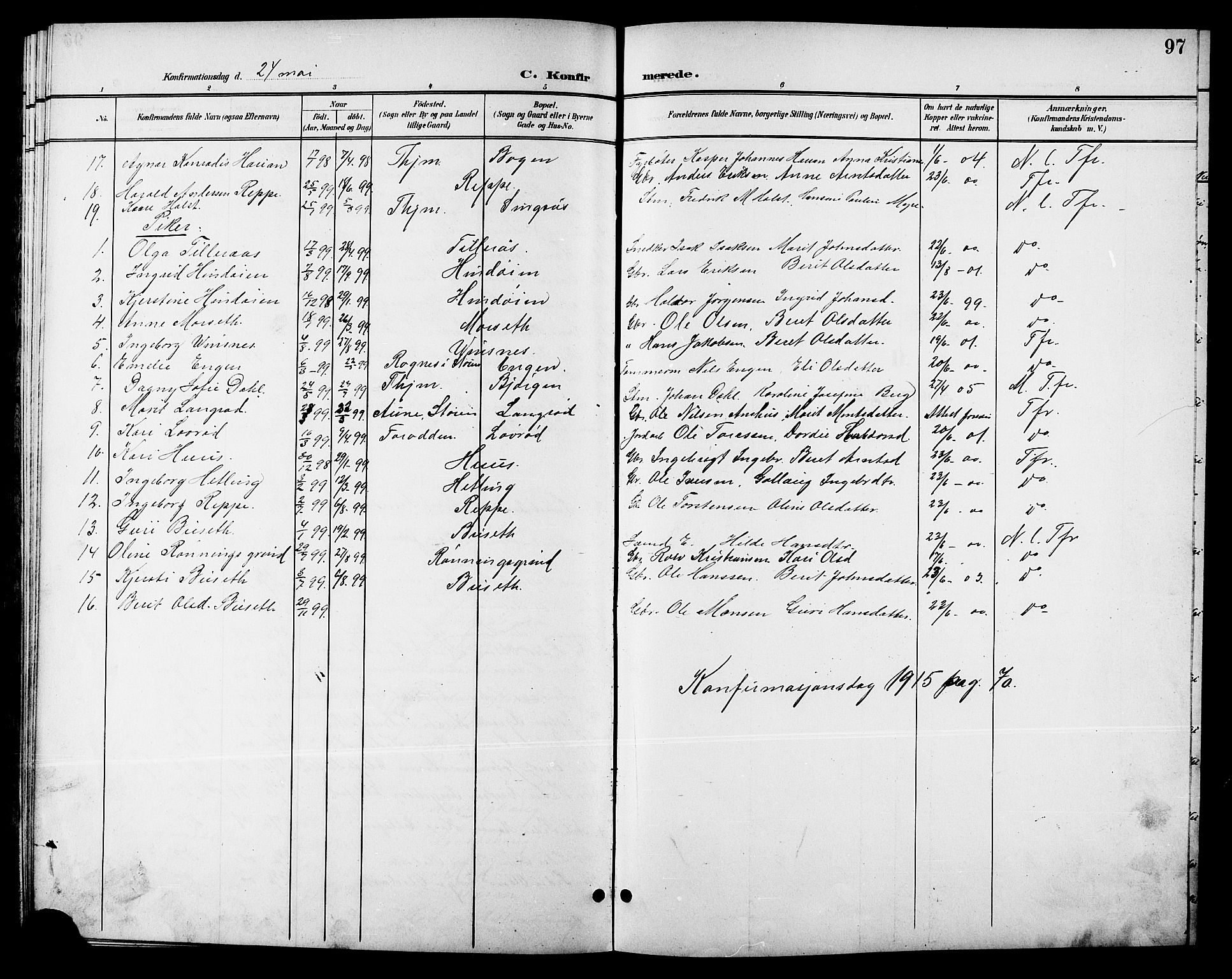 Ministerialprotokoller, klokkerbøker og fødselsregistre - Sør-Trøndelag, AV/SAT-A-1456/688/L1029: Parish register (copy) no. 688C04, 1899-1915, p. 97