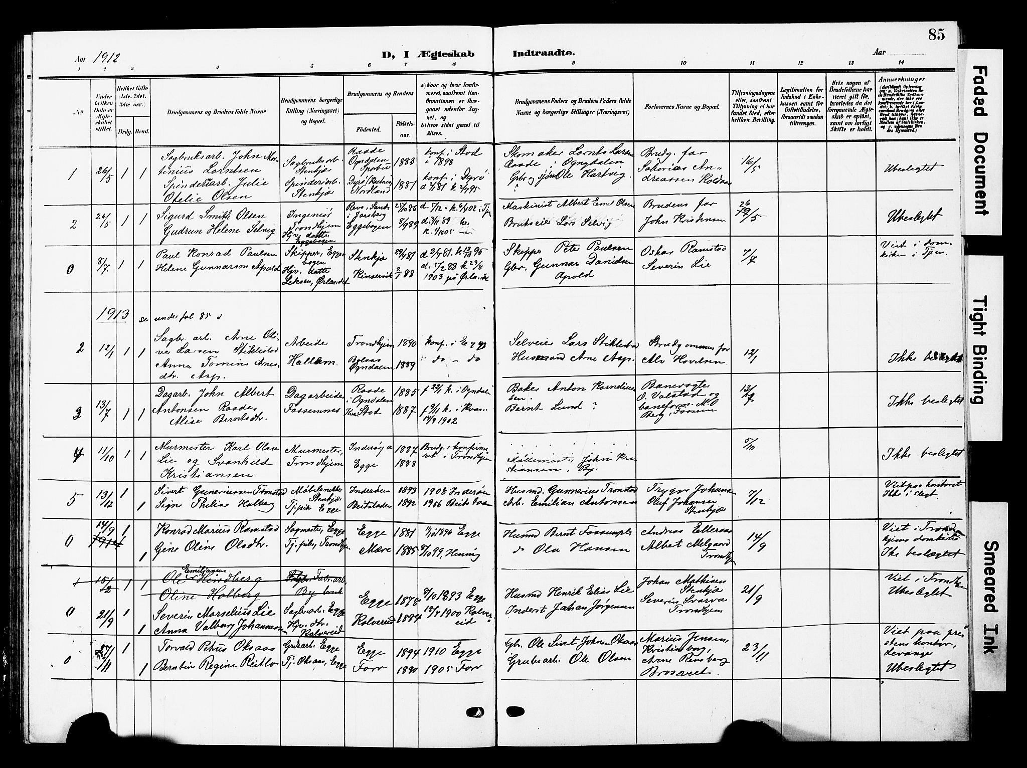 Ministerialprotokoller, klokkerbøker og fødselsregistre - Nord-Trøndelag, AV/SAT-A-1458/740/L0381: Parish register (copy) no. 740C02, 1903-1914, p. 85