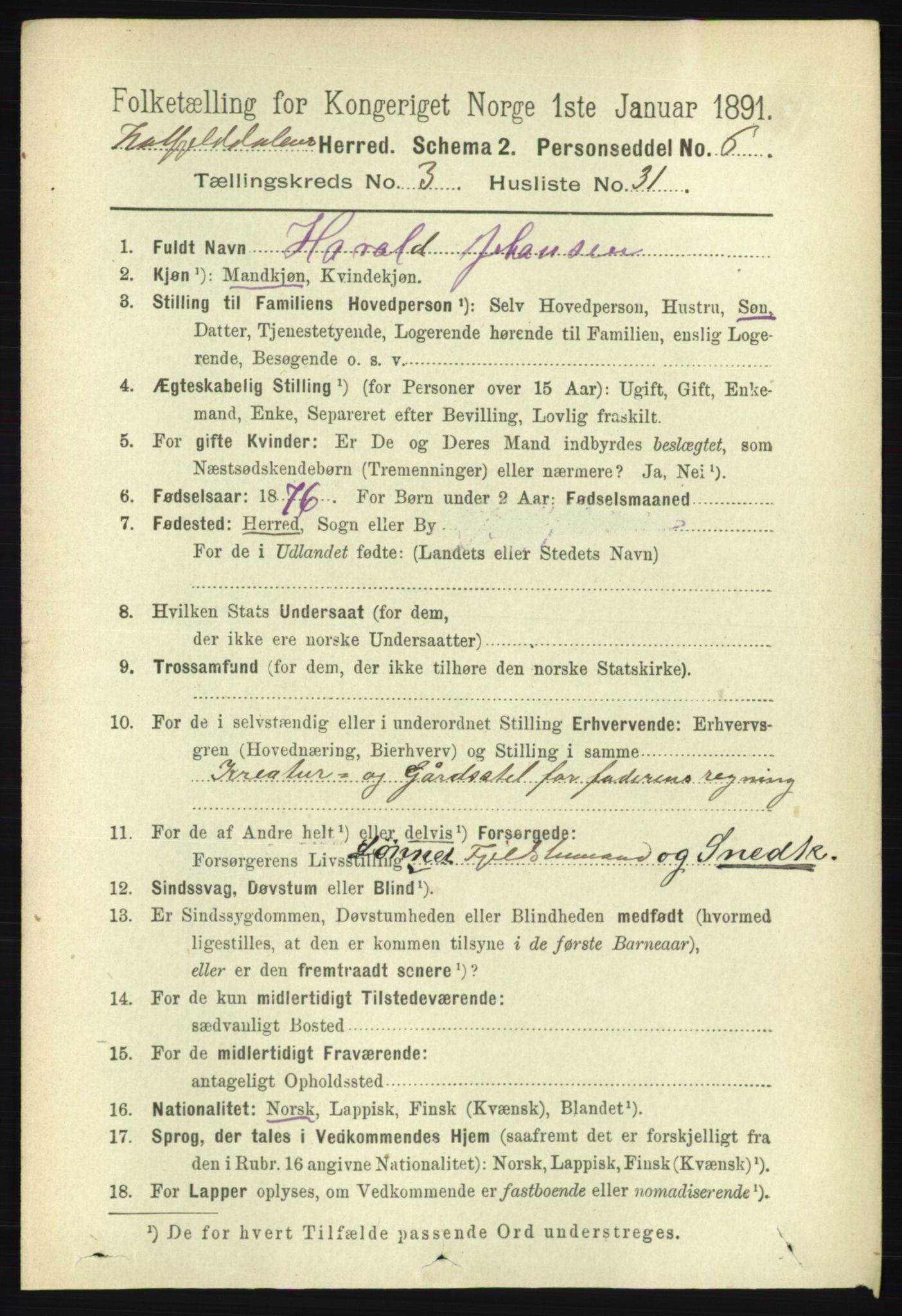 RA, 1891 census for 1826 Hattfjelldal, 1891, p. 879