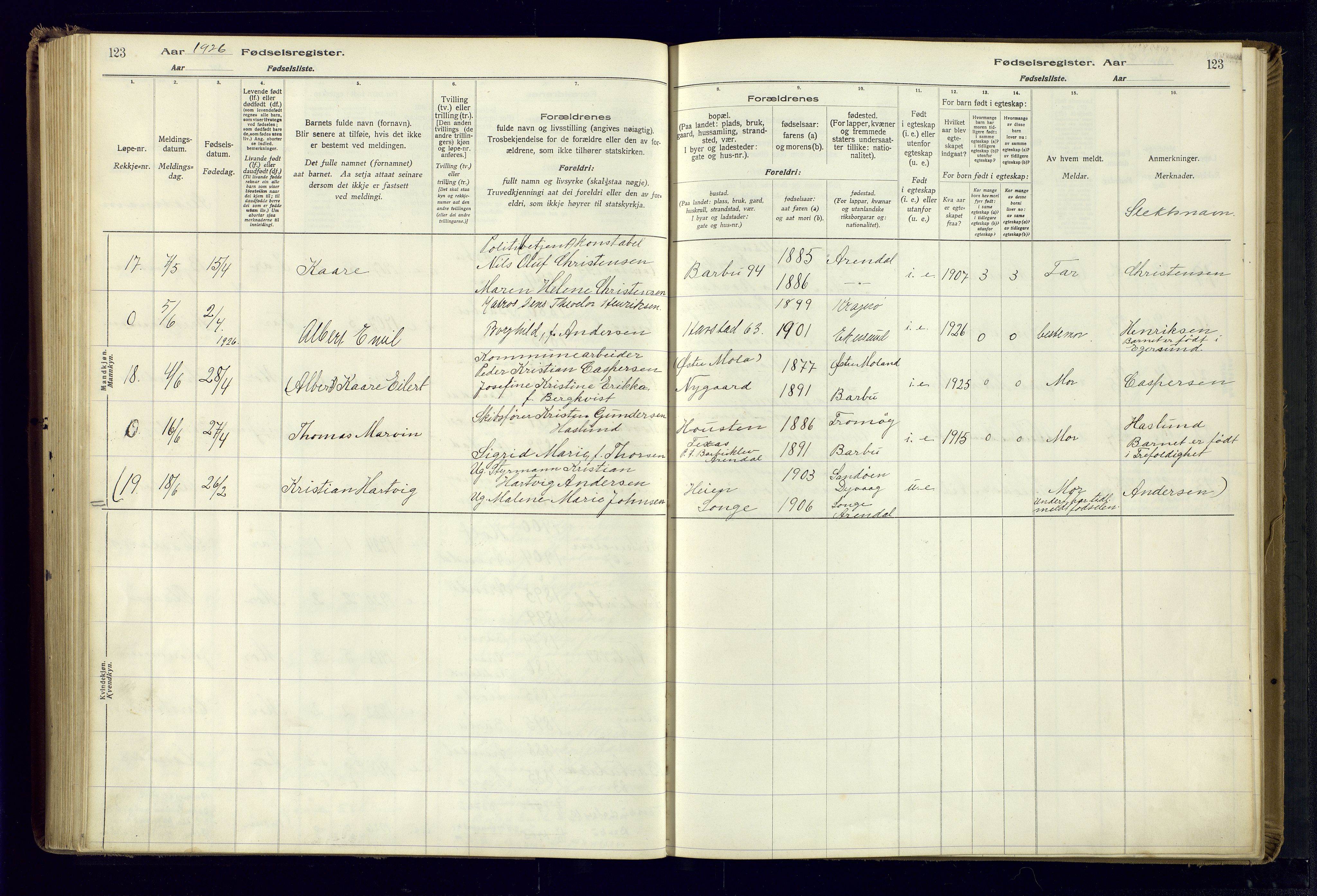 Barbu sokneprestkontor, AV/SAK-1111-0003/J/Ja/L0001: Birth register no. A-VIII-1, 1916-1937, p. 123