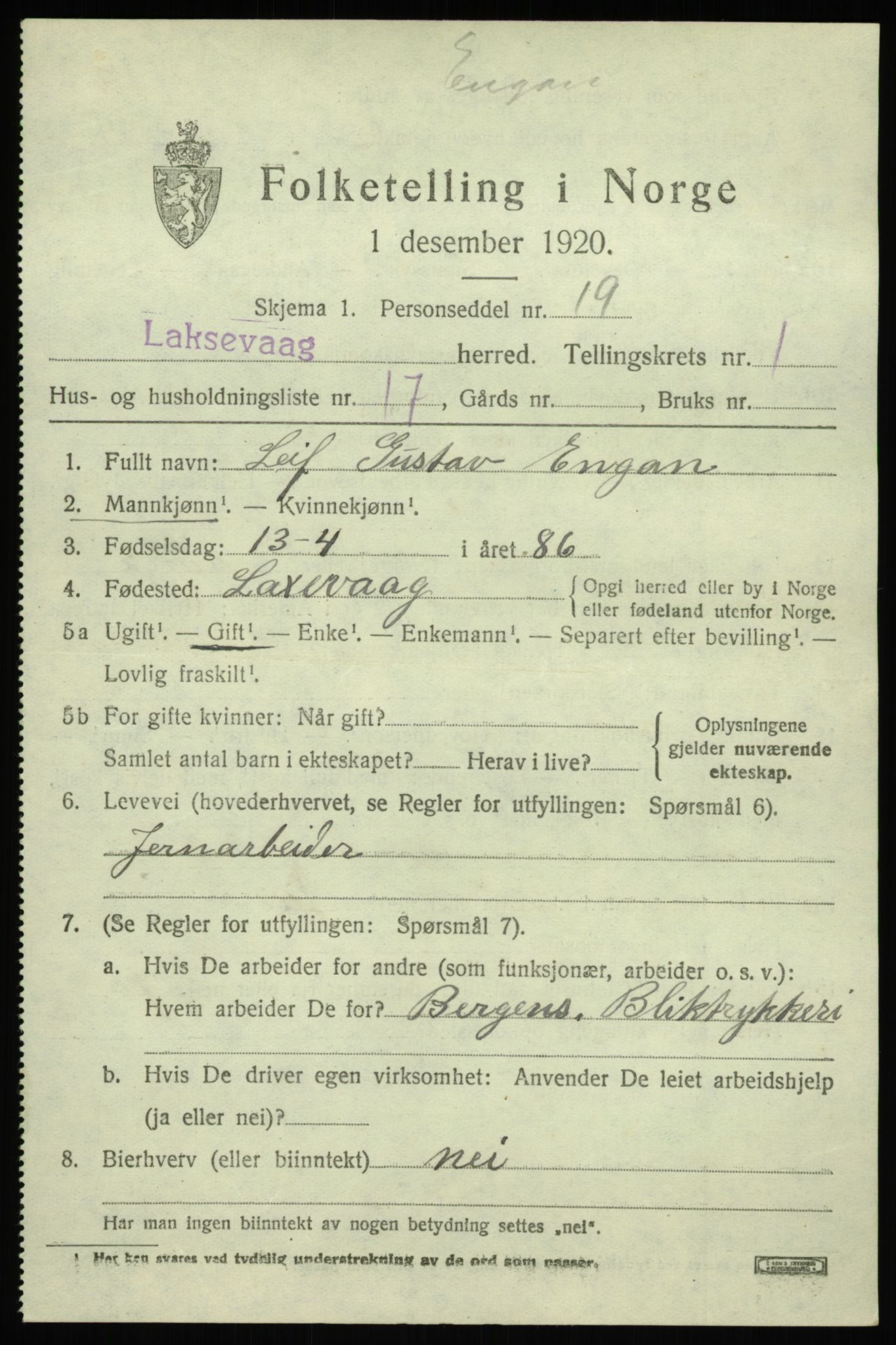 SAB, 1920 census for Laksevåg, 1920, p. 2442