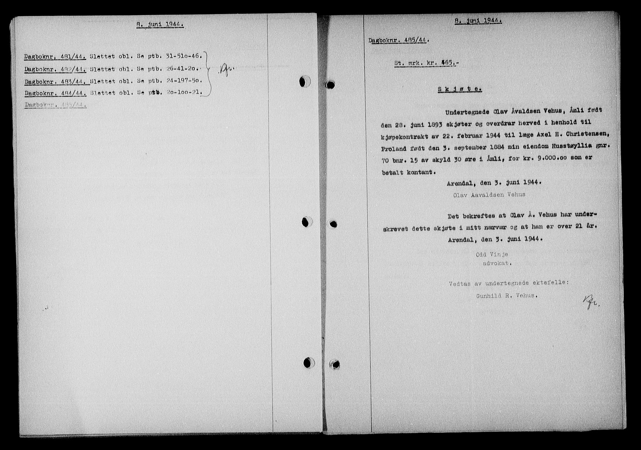 Nedenes sorenskriveri, SAK/1221-0006/G/Gb/Gba/L0051: Mortgage book no. A-V, 1943-1944, Diary no: : 485/1944