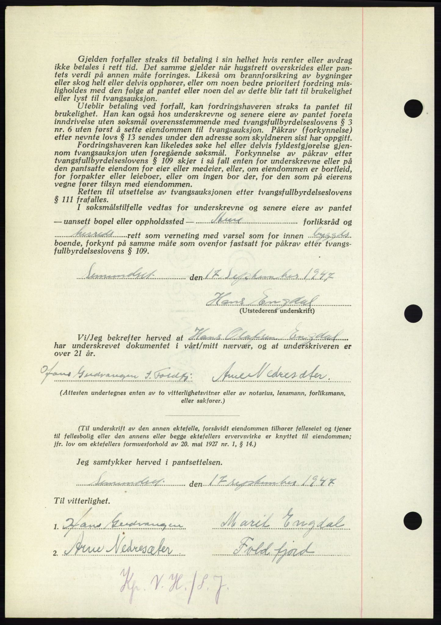 Nordmøre sorenskriveri, AV/SAT-A-4132/1/2/2Ca: Mortgage book no. B97, 1947-1948, Diary no: : 2854/1947