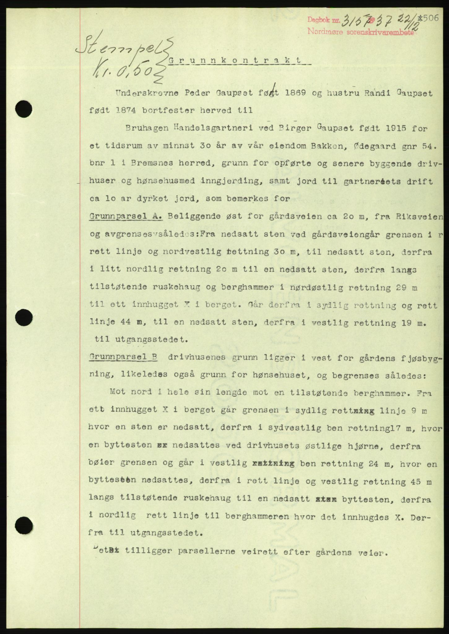 Nordmøre sorenskriveri, AV/SAT-A-4132/1/2/2Ca/L0092: Mortgage book no. B82, 1937-1938, Diary no: : 3157/1937