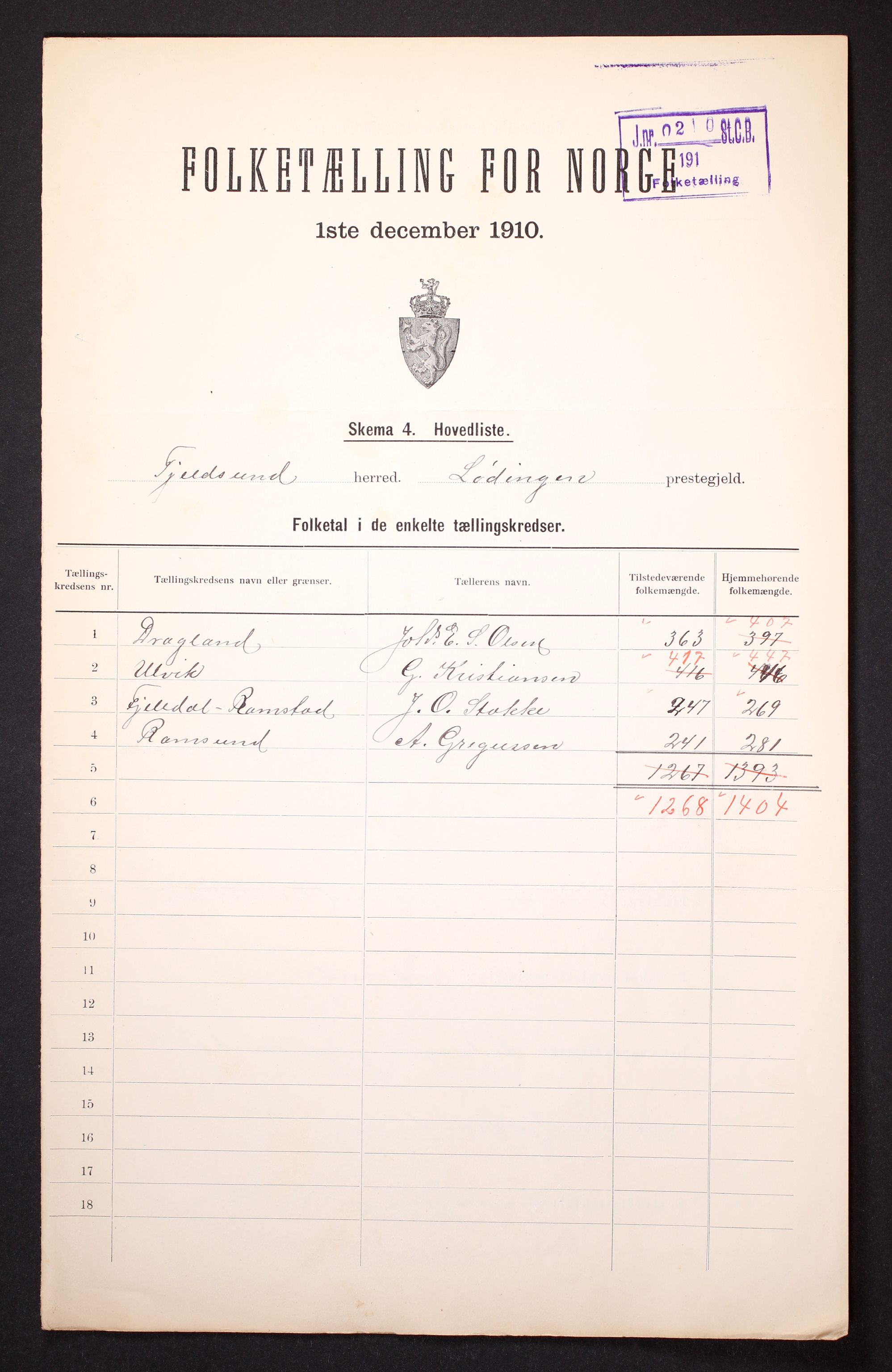 RA, 1910 census for Tjeldsund, 1910, p. 2