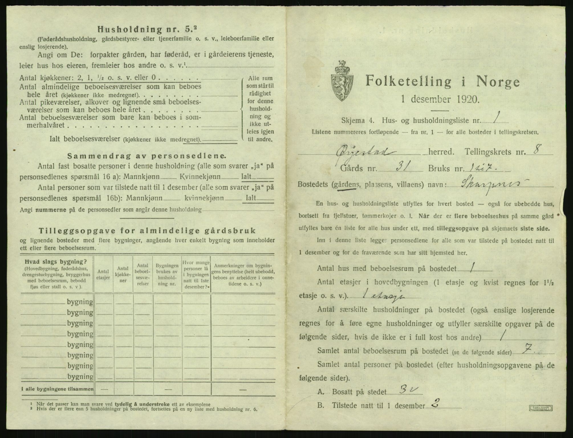 SAK, 1920 census for Øyestad, 1920, p. 736