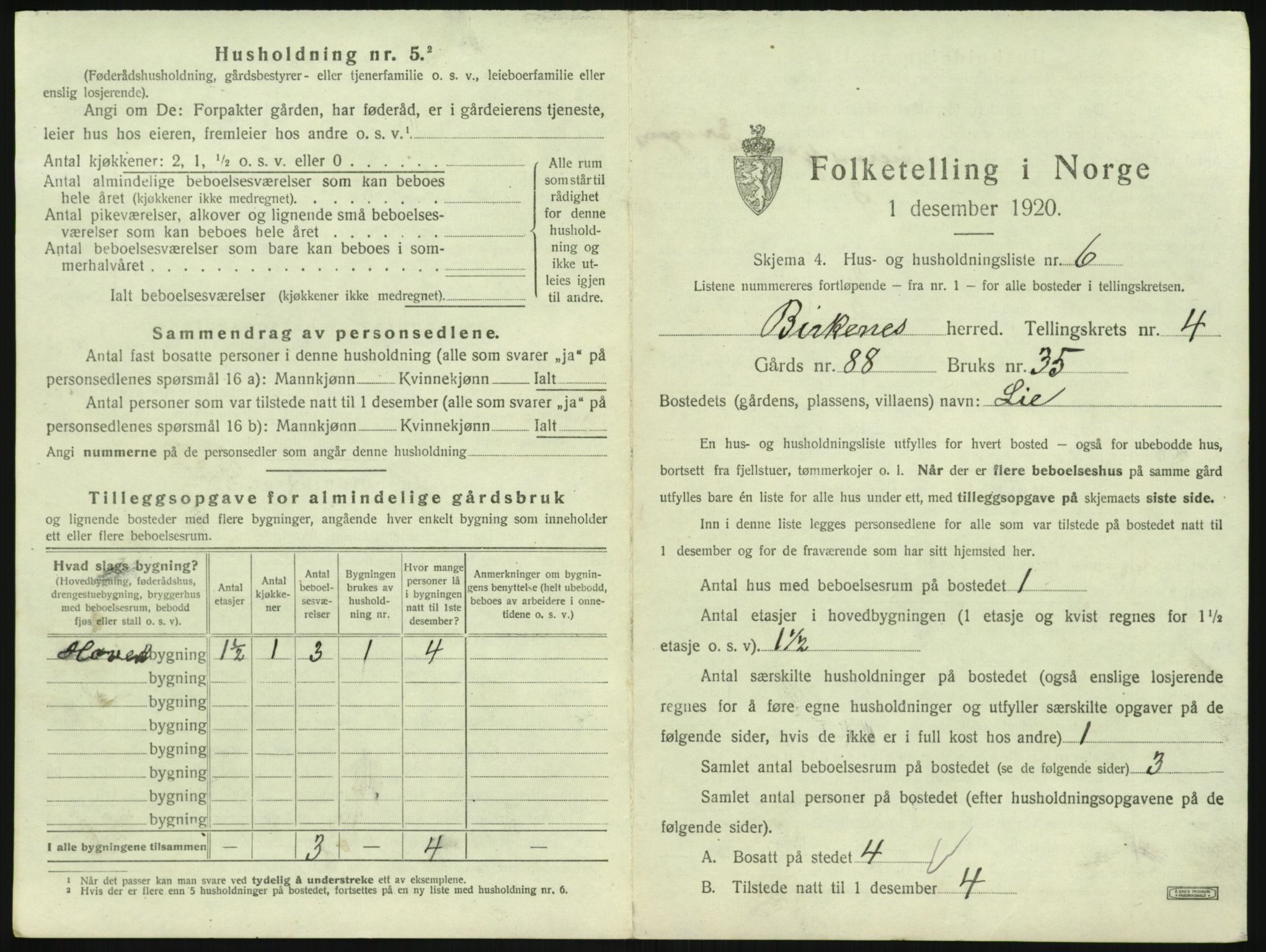 SAK, 1920 census for Birkenes, 1920, p. 257