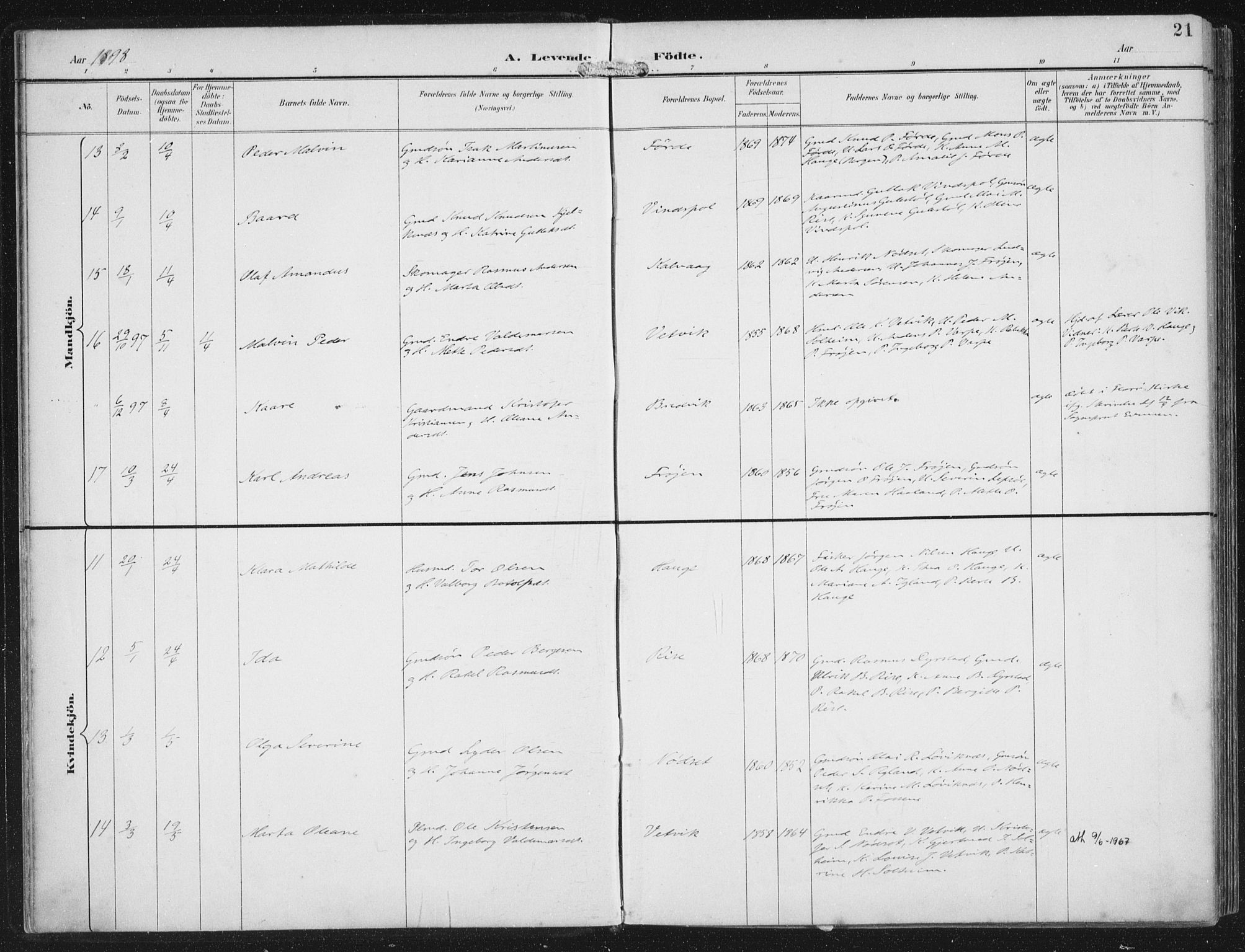 Bremanger sokneprestembete, AV/SAB-A-82201/H/Haa/Haab/L0002: Parish register (official) no. B  2, 1896-1908, p. 21