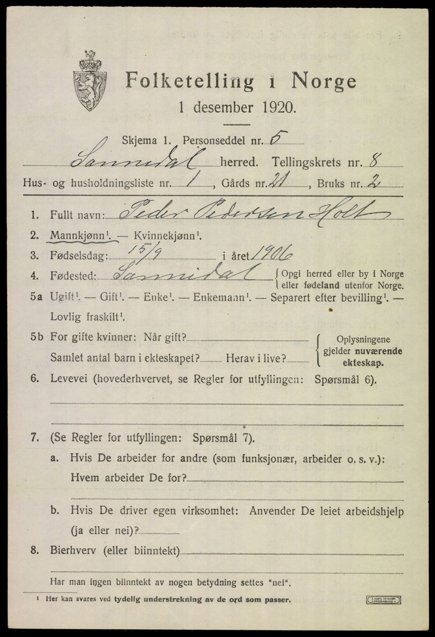 SAKO, 1920 census for Sannidal, 1920, p. 5393