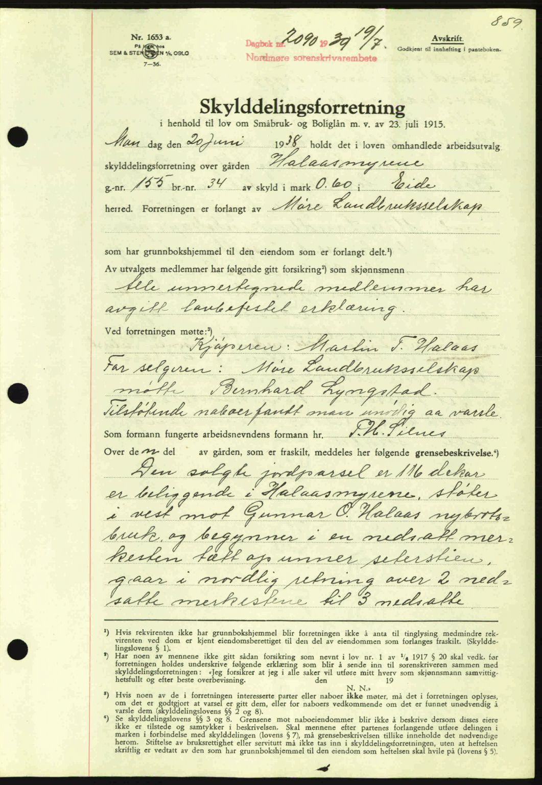 Nordmøre sorenskriveri, AV/SAT-A-4132/1/2/2Ca: Mortgage book no. A86, 1939-1939, Diary no: : 2090/1939