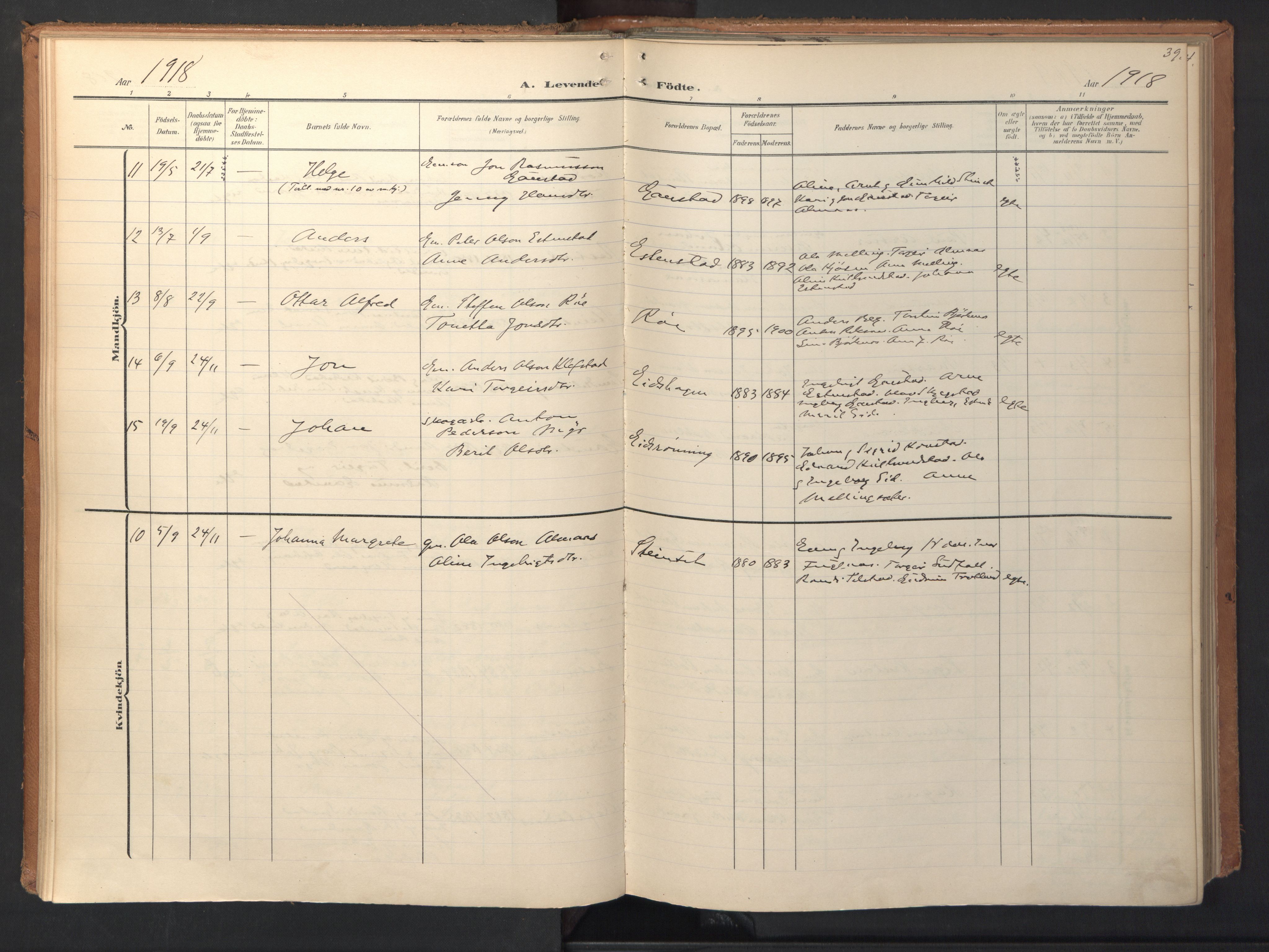 Ministerialprotokoller, klokkerbøker og fødselsregistre - Sør-Trøndelag, SAT/A-1456/694/L1128: Parish register (official) no. 694A02, 1906-1931, p. 39