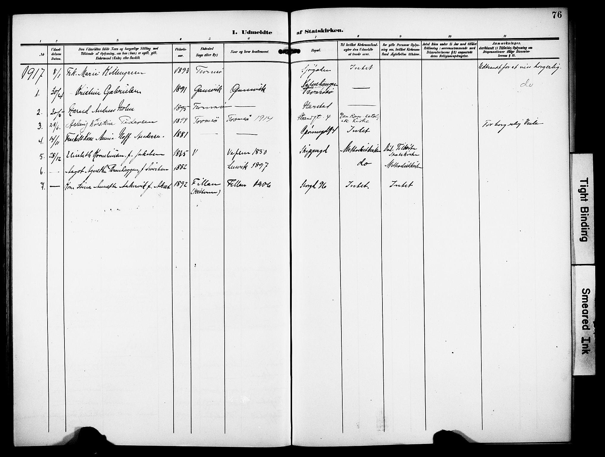 Tromsø sokneprestkontor/stiftsprosti/domprosti, SATØ/S-1343/G/Ge/L0068: Dissenter register no. 68, 1907-1917, p. 76