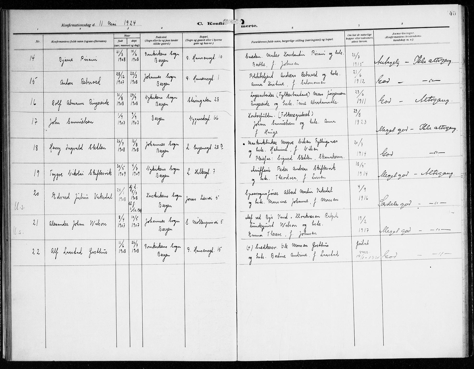 St. Jacob sokneprestembete, AV/SAB-A-78001/H/Haa/L0003: Parish register (official) no. B 1, 1917-1942, p. 40