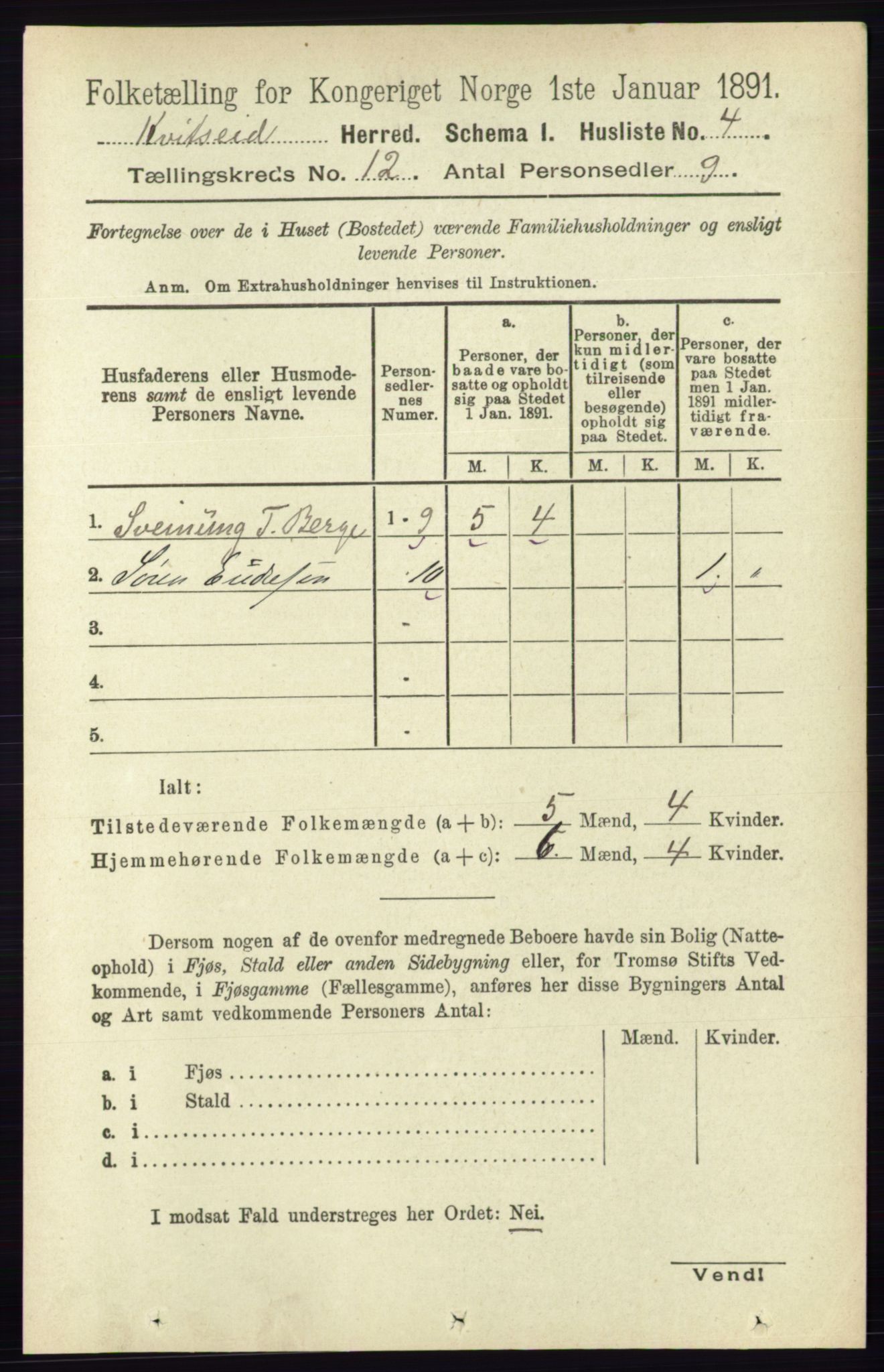 RA, 1891 census for 0829 Kviteseid, 1891, p. 2817