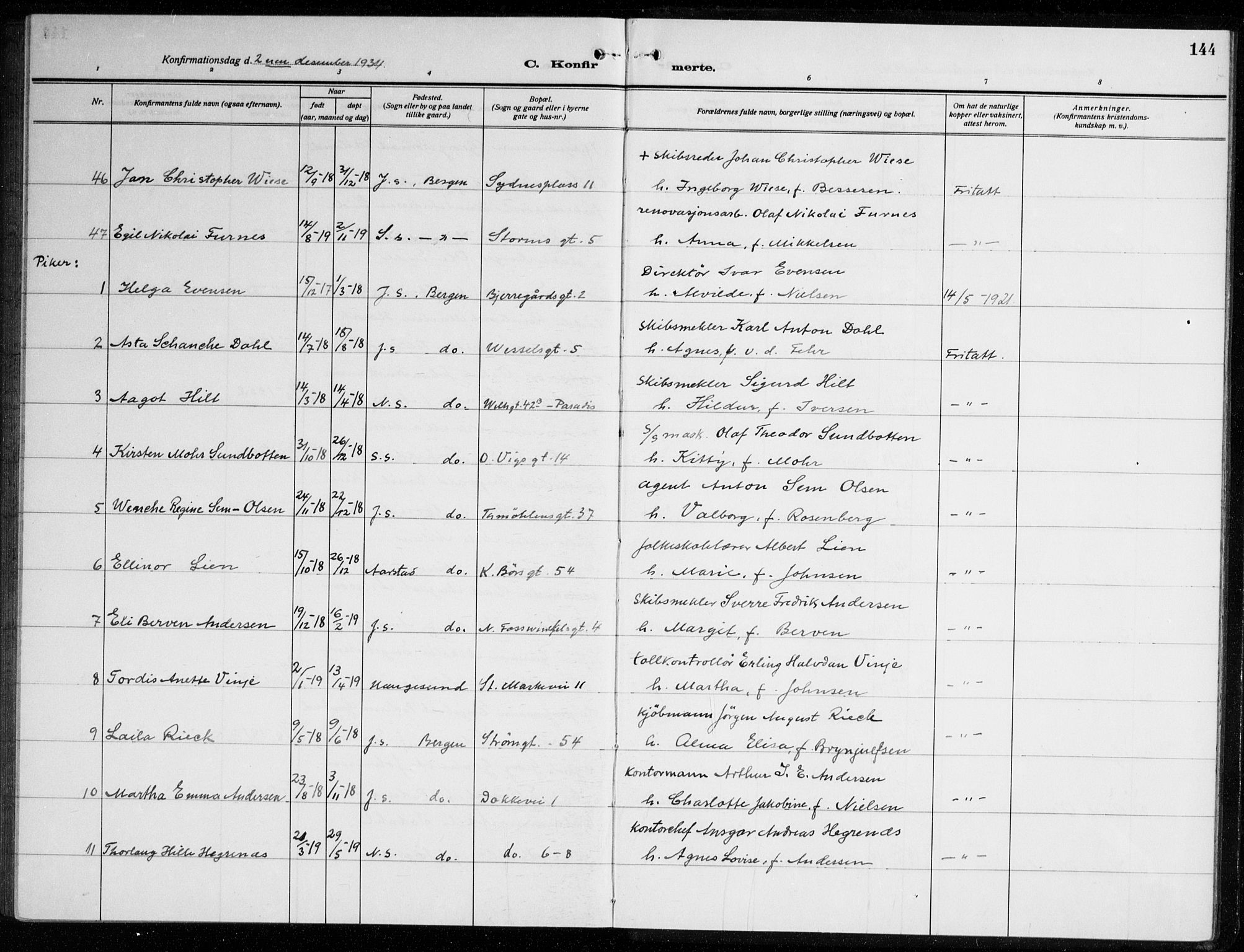 Johanneskirken sokneprestembete, AV/SAB-A-76001/H/Haa/L0010: Parish register (official) no. C 3, 1925-1935, p. 144