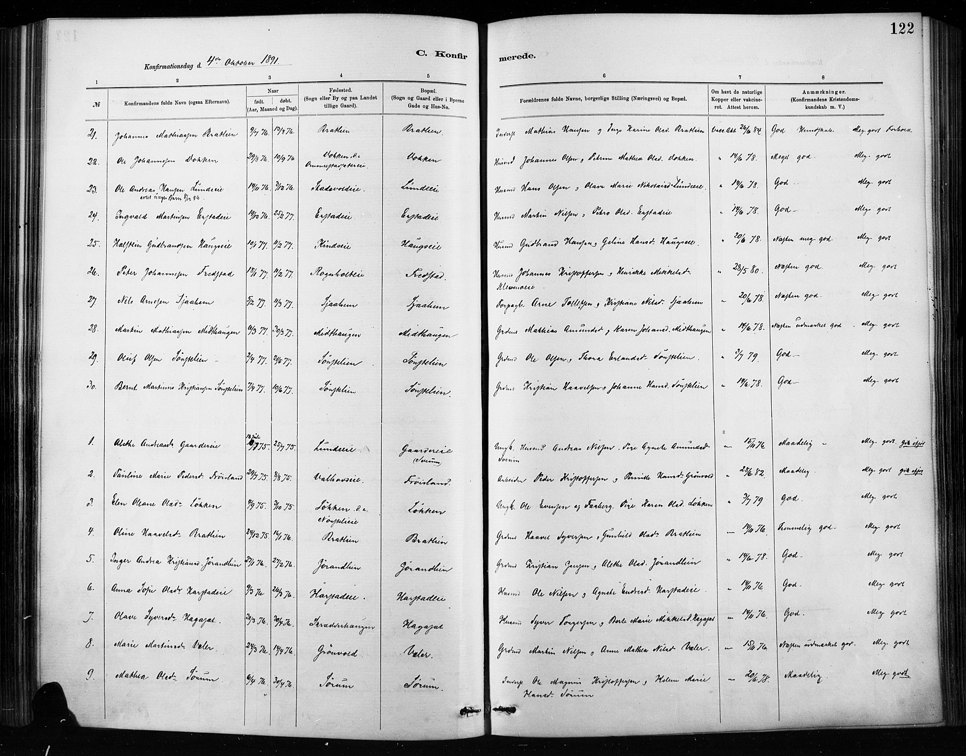 Nordre Land prestekontor, SAH/PREST-124/H/Ha/Haa/L0004: Parish register (official) no. 4, 1882-1896, p. 122
