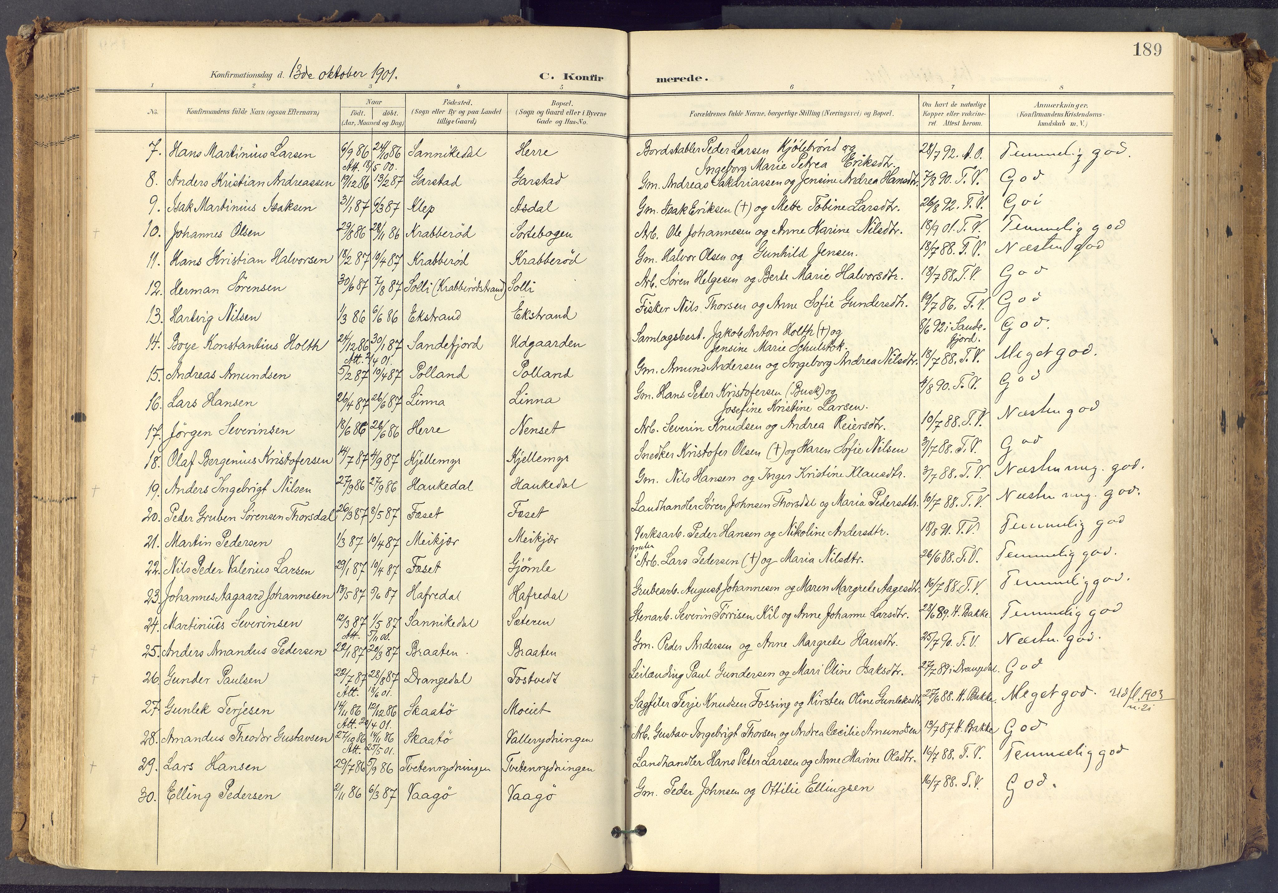 Bamble kirkebøker, SAKO/A-253/F/Fa/L0009: Parish register (official) no. I 9, 1901-1917, p. 189