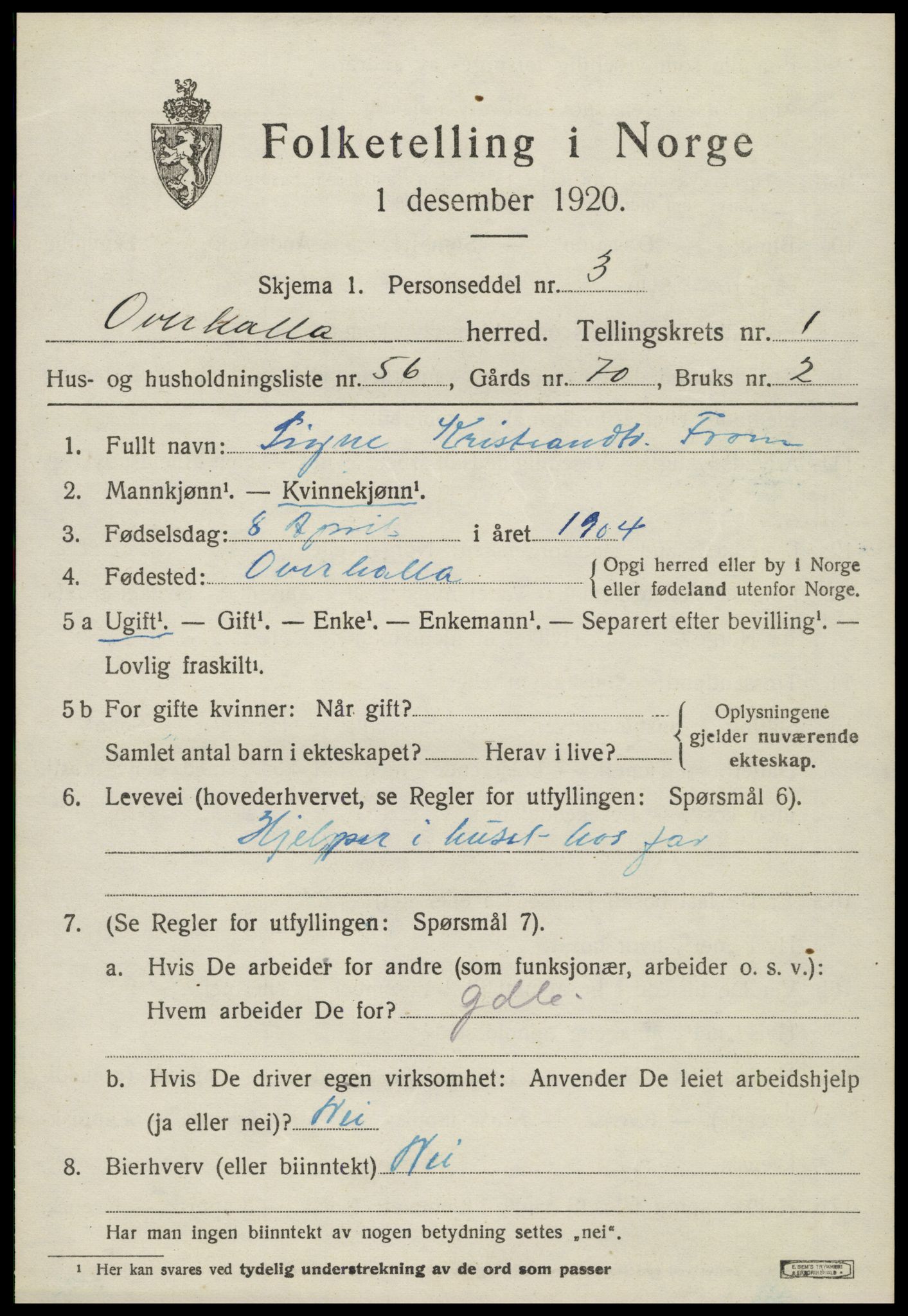 SAT, 1920 census for Overhalla, 1920, p. 1534