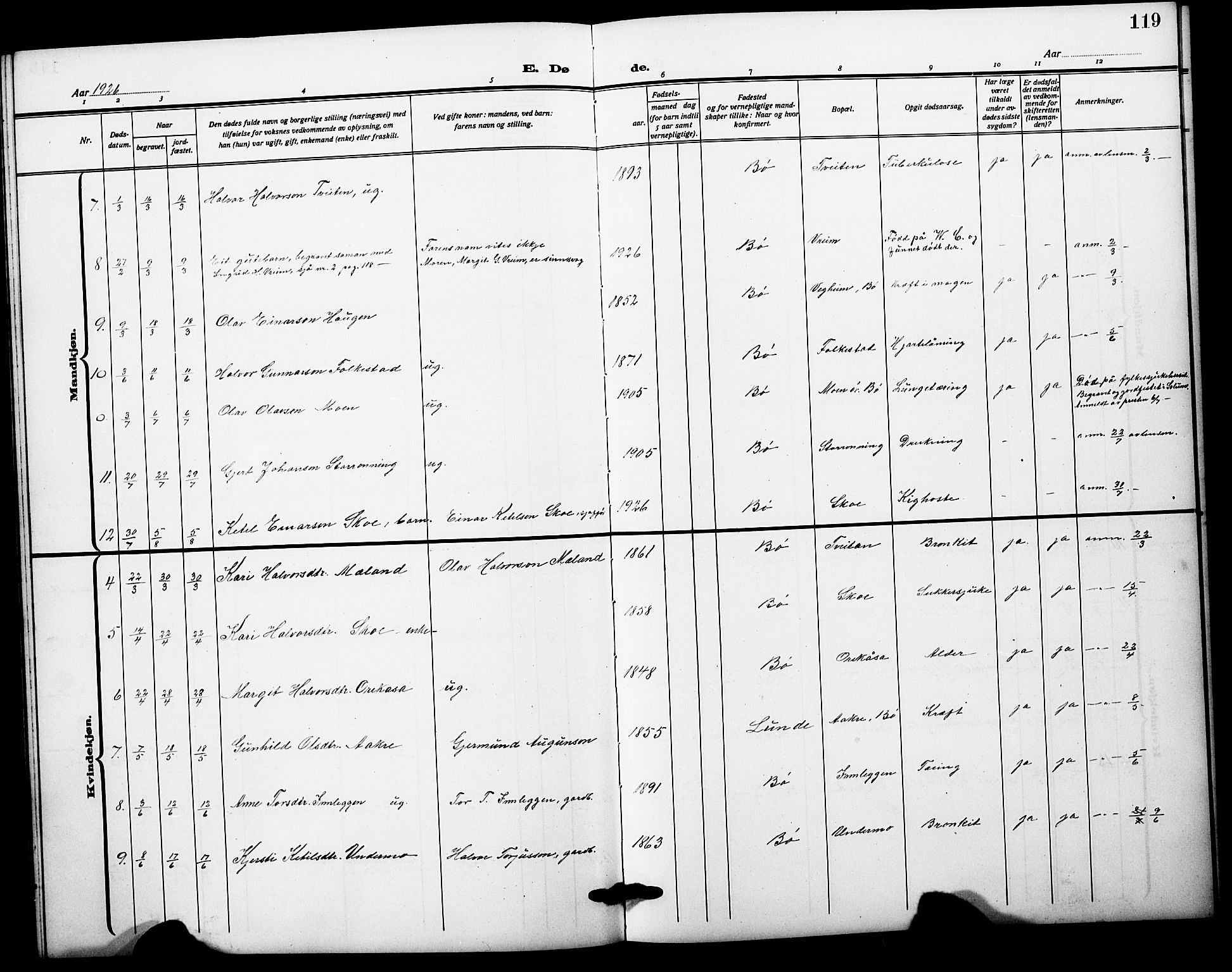 Bø kirkebøker, SAKO/A-257/G/Ga/L0008: Parish register (copy) no. 8, 1920-1930, p. 119